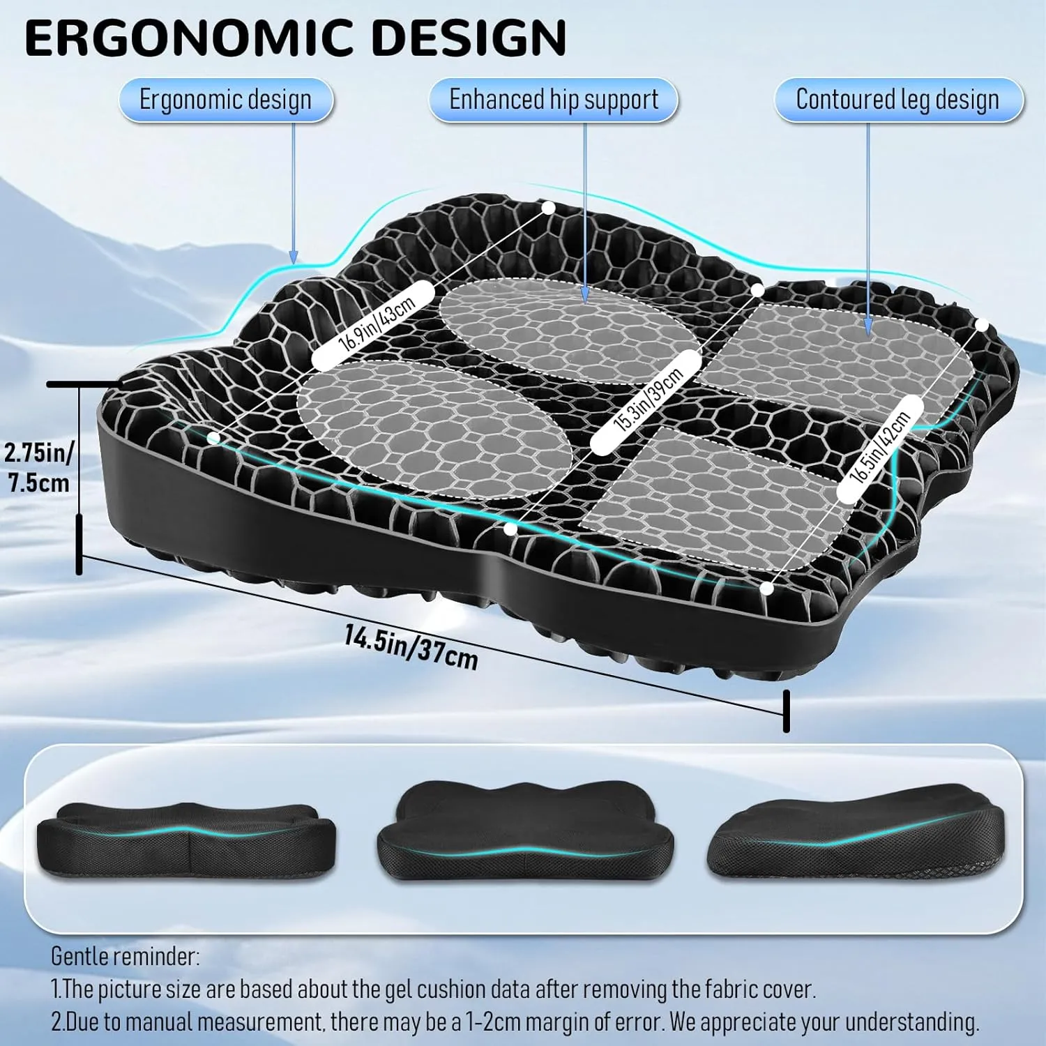 Cooling Gel Seat Cushion, Thickened Big Breathable Honeycomb Design Absorbs Pressure Points Gel Cushion with Anti-Slip Cover Cooling Seat Cushion for Office Chair Home Car Seat Cushion for Wheelchair