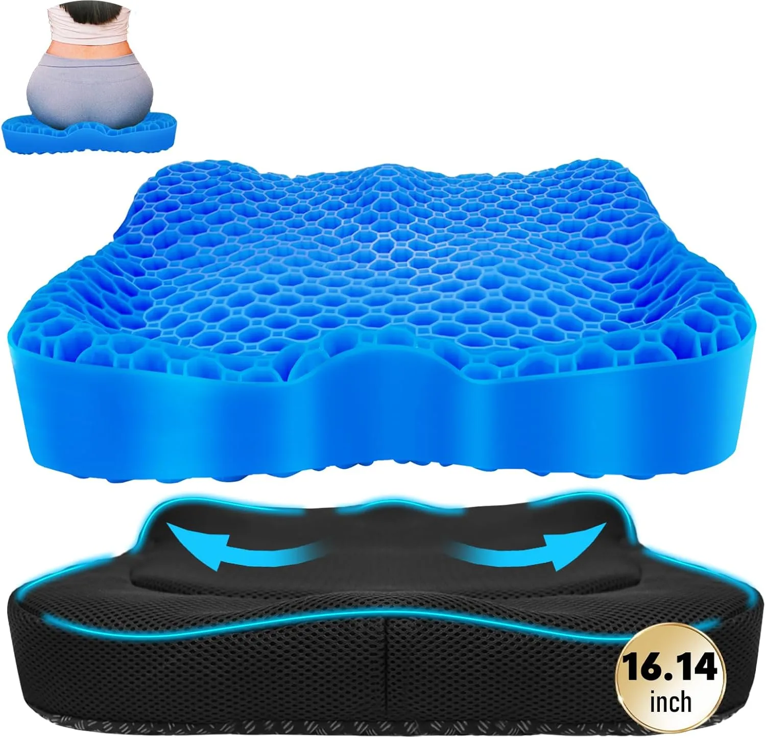 Cooling Gel Seat Cushion, Thickened Big Breathable Honeycomb Design Absorbs Pressure Points Gel Cushion with Anti-Slip Cover Cooling Seat Cushion for Office Chair Home Car Seat Cushion for Wheelchair