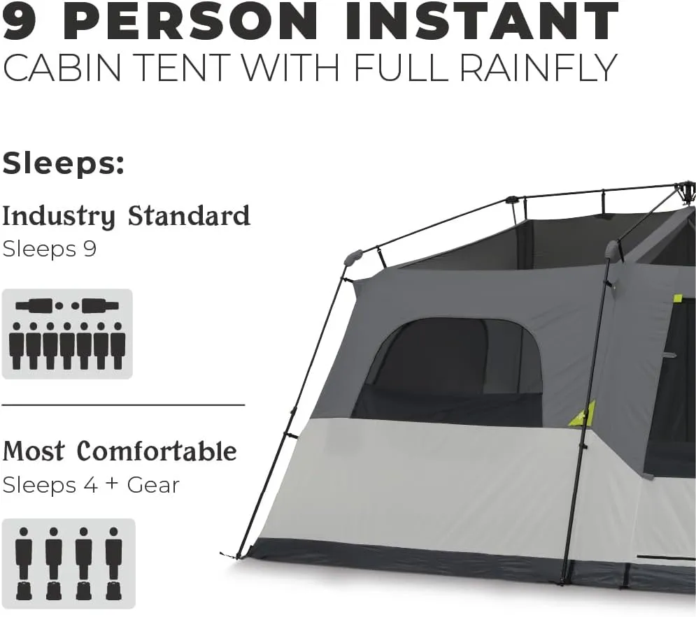 CORE Instant Cabin Tents | 6 Person / 9 Person / 10 Person / 12 Person Family Cabin Multi Room Pop Up Tents Car Camping | Included Storage Pockets for Camping Accessories