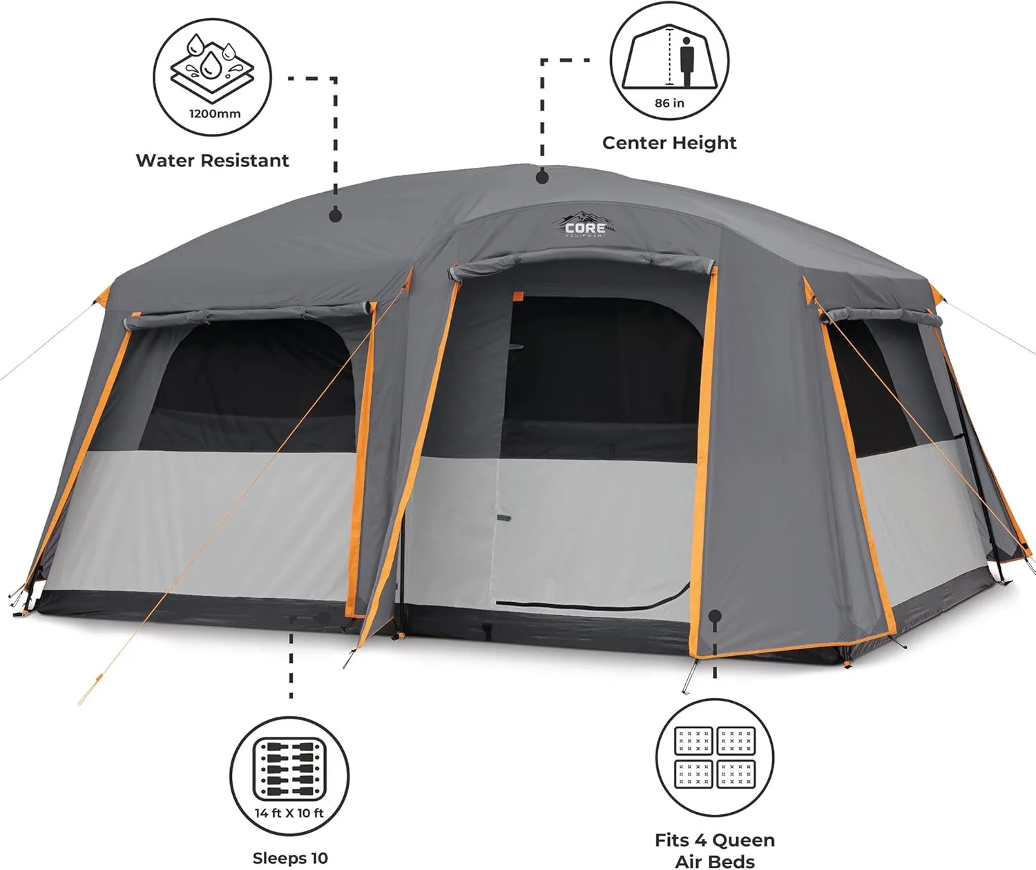 CORE Tent for Family Camping | 10 Person / 11 Person / 12 Person Large Multi Room Cabin Tents for Car Camping & Outdoor Adventures