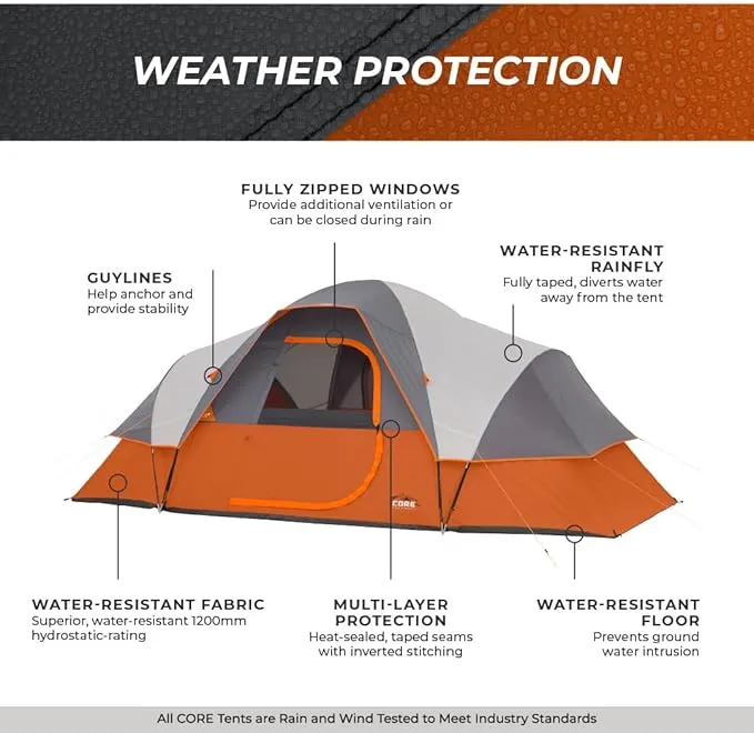 CORE Tents for Family Camping, Hiking and Backpacking | 4 Person / 6 Person / 9 Person / 11 Person Dome Camp Tents with Included Tent Gear Loft for Outdoor Accessories