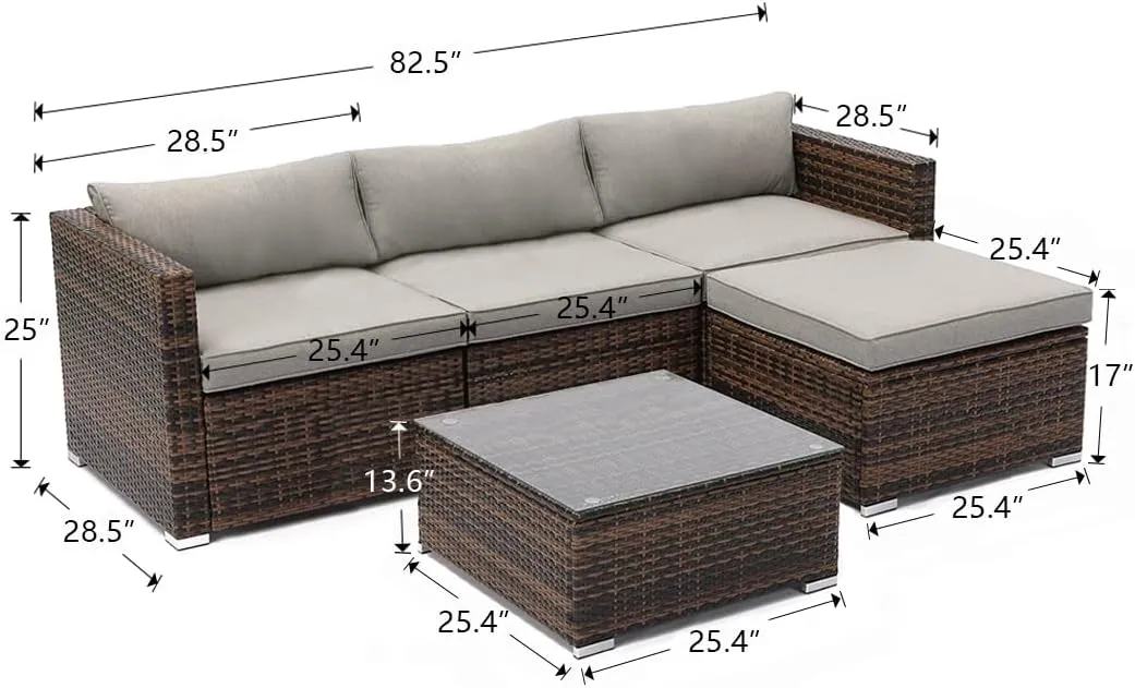 COSIEST 5-Piece Outdoor Furniture All-Weather Mottlewood Brown Wicker Sectional Sofa w Warm Gray Thick Cushions, Glass-Top Coffee Table, Patio