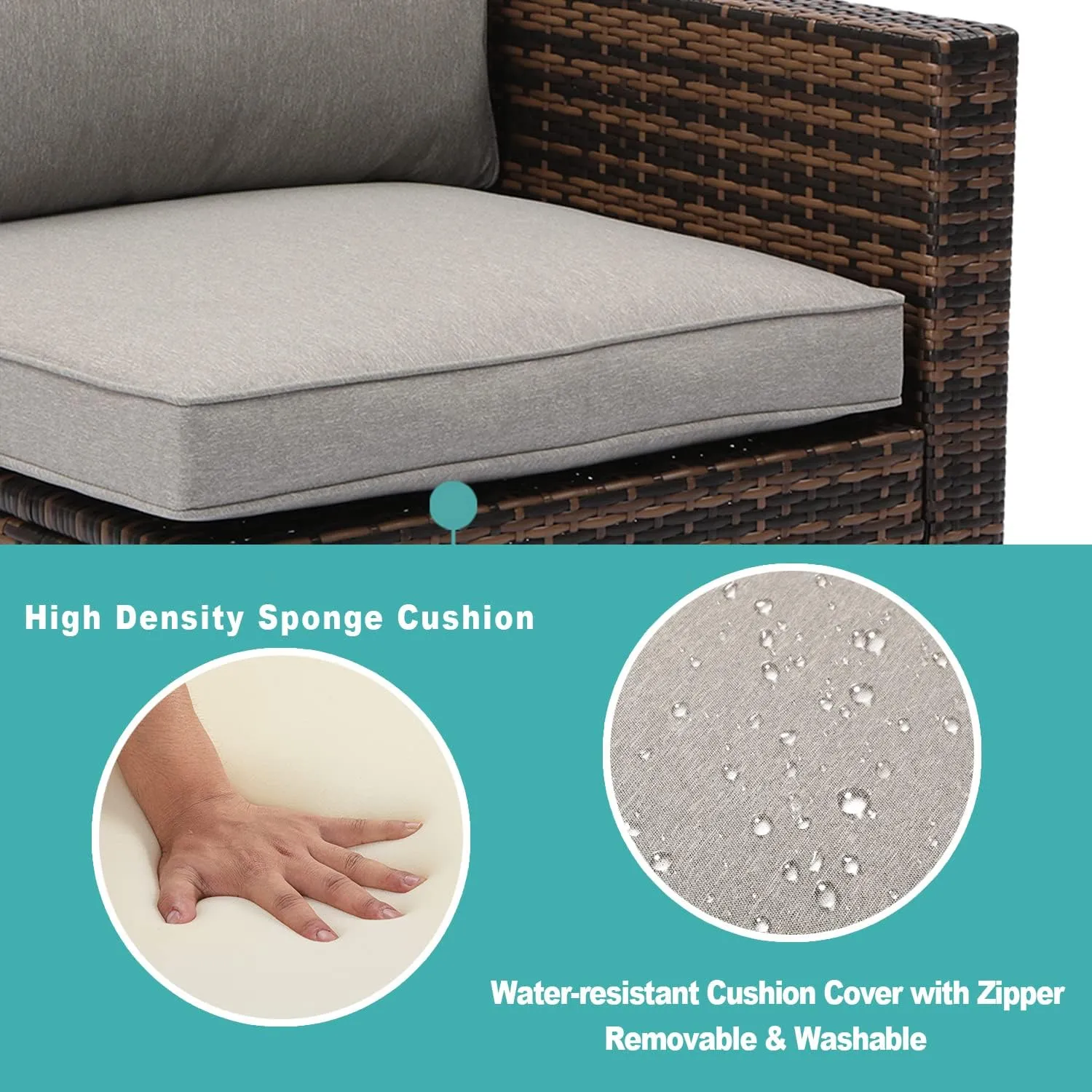 COSIEST 5-Piece Outdoor Furniture All-Weather Mottlewood Brown Wicker Sectional Sofa w Warm Gray Thick Cushions, Glass-Top Coffee Table, Patio