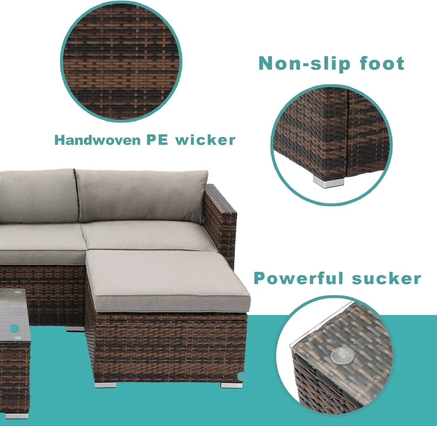 COSIEST 5-Piece Outdoor Furniture All-Weather Mottlewood Brown Wicker Sectional Sofa w Warm Gray Thick Cushions, Glass-Top Coffee Table, Patio