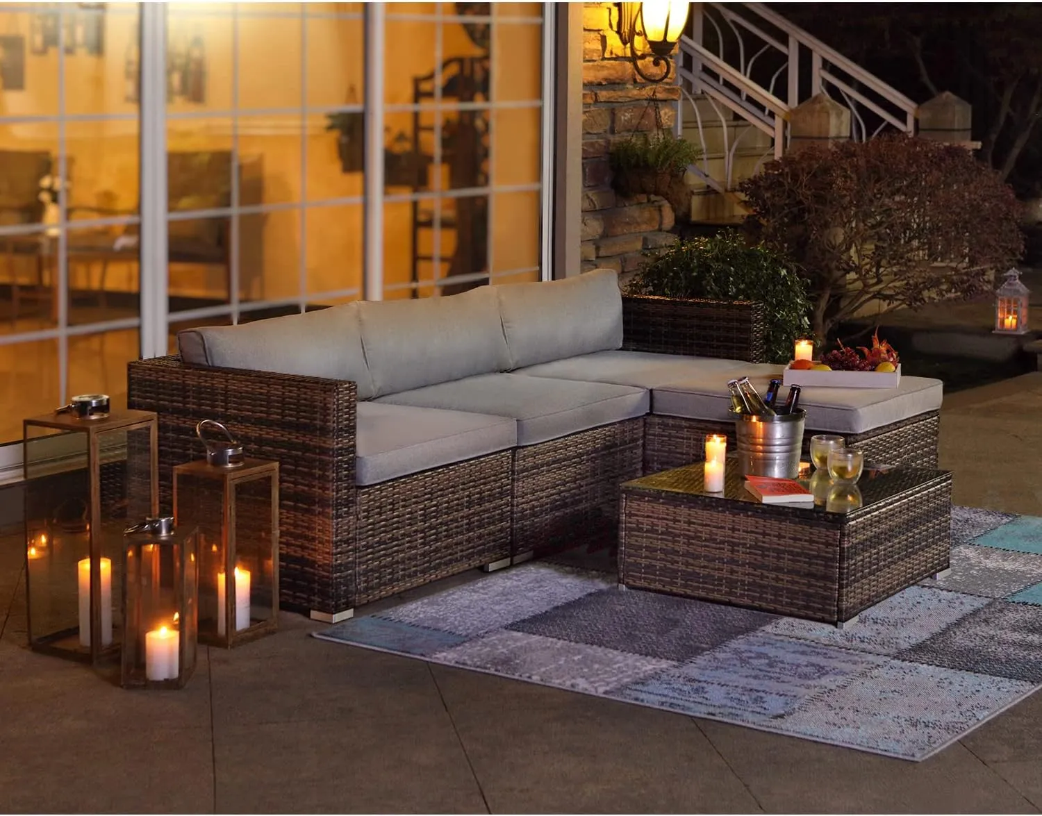 COSIEST 5-Piece Outdoor Furniture All-Weather Mottlewood Brown Wicker Sectional Sofa w Warm Gray Thick Cushions, Glass-Top Coffee Table, Patio