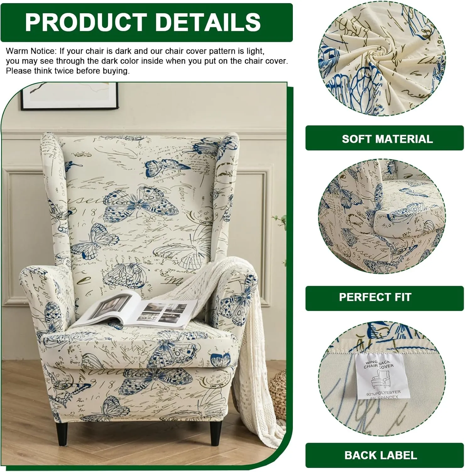CRFATOP 2 Piece Stretch Wingback Chair Cover Printed Butterfly Wing Chair Slipcovers Spandex Fabric Wingback Armchair Covers with Elastic Bottom for Living Room Bedroom Wingback Chair (04)