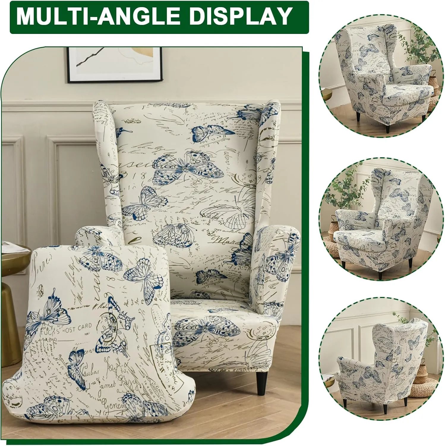 CRFATOP 2 Piece Stretch Wingback Chair Cover Printed Butterfly Wing Chair Slipcovers Spandex Fabric Wingback Armchair Covers with Elastic Bottom for Living Room Bedroom Wingback Chair (04)