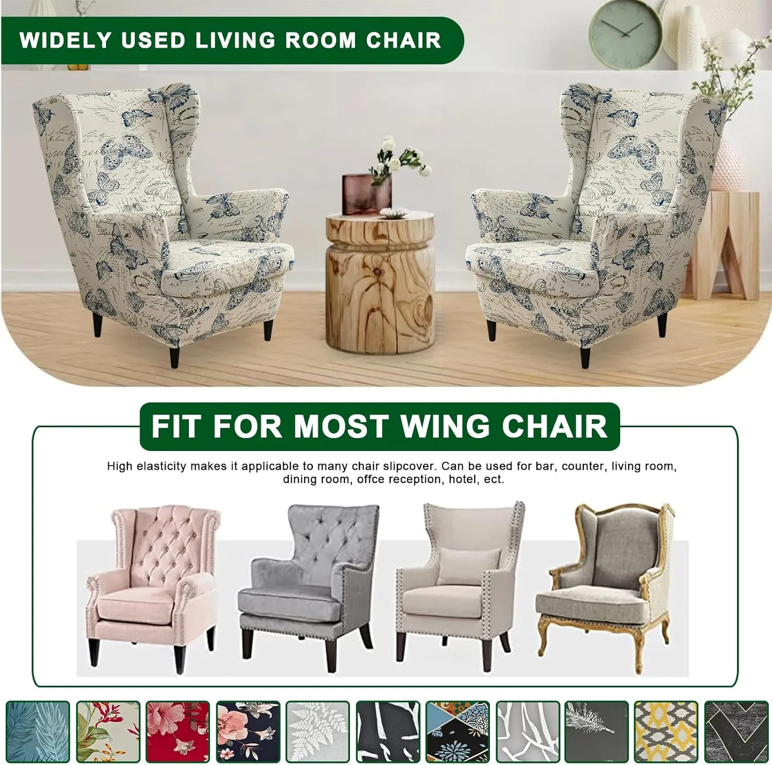 CRFATOP 2 Piece Stretch Wingback Chair Cover Printed Butterfly Wing Chair Slipcovers Spandex Fabric Wingback Armchair Covers with Elastic Bottom for Living Room Bedroom Wingback Chair (04)