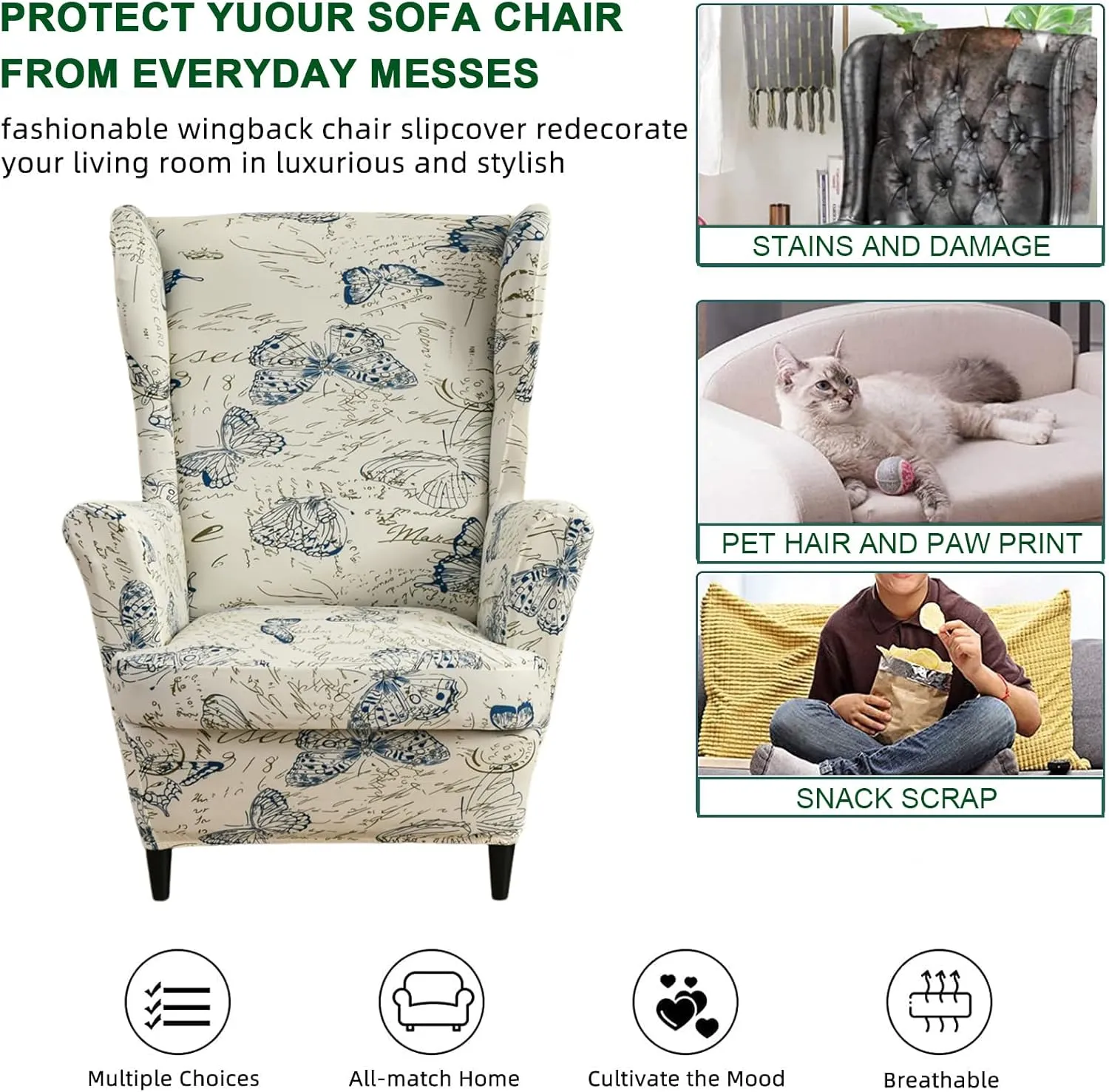 CRFATOP 2 Piece Stretch Wingback Chair Cover Printed Butterfly Wing Chair Slipcovers Spandex Fabric Wingback Armchair Covers with Elastic Bottom for Living Room Bedroom Wingback Chair (04)