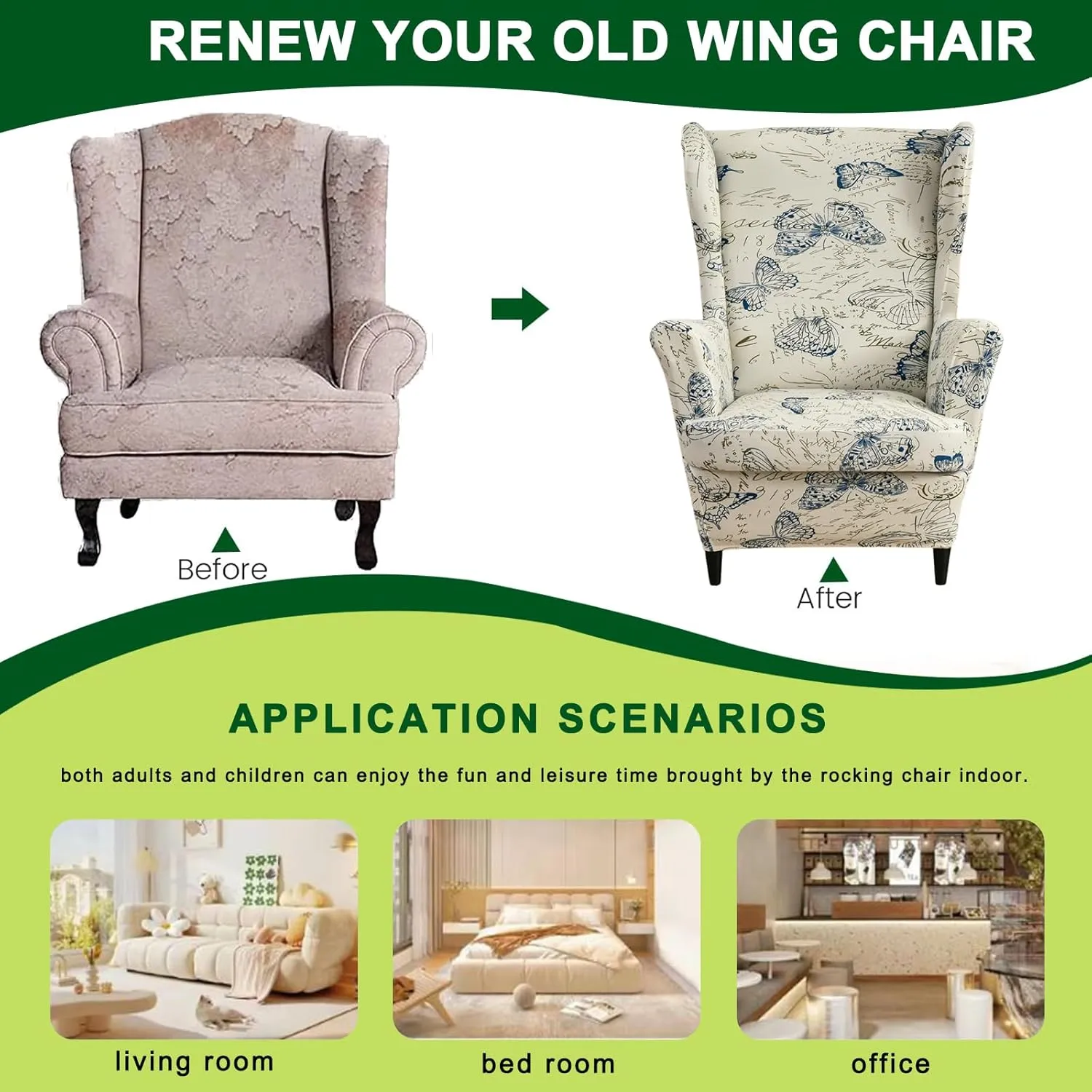 CRFATOP 2 Piece Stretch Wingback Chair Cover Printed Butterfly Wing Chair Slipcovers Spandex Fabric Wingback Armchair Covers with Elastic Bottom for Living Room Bedroom Wingback Chair (04)
