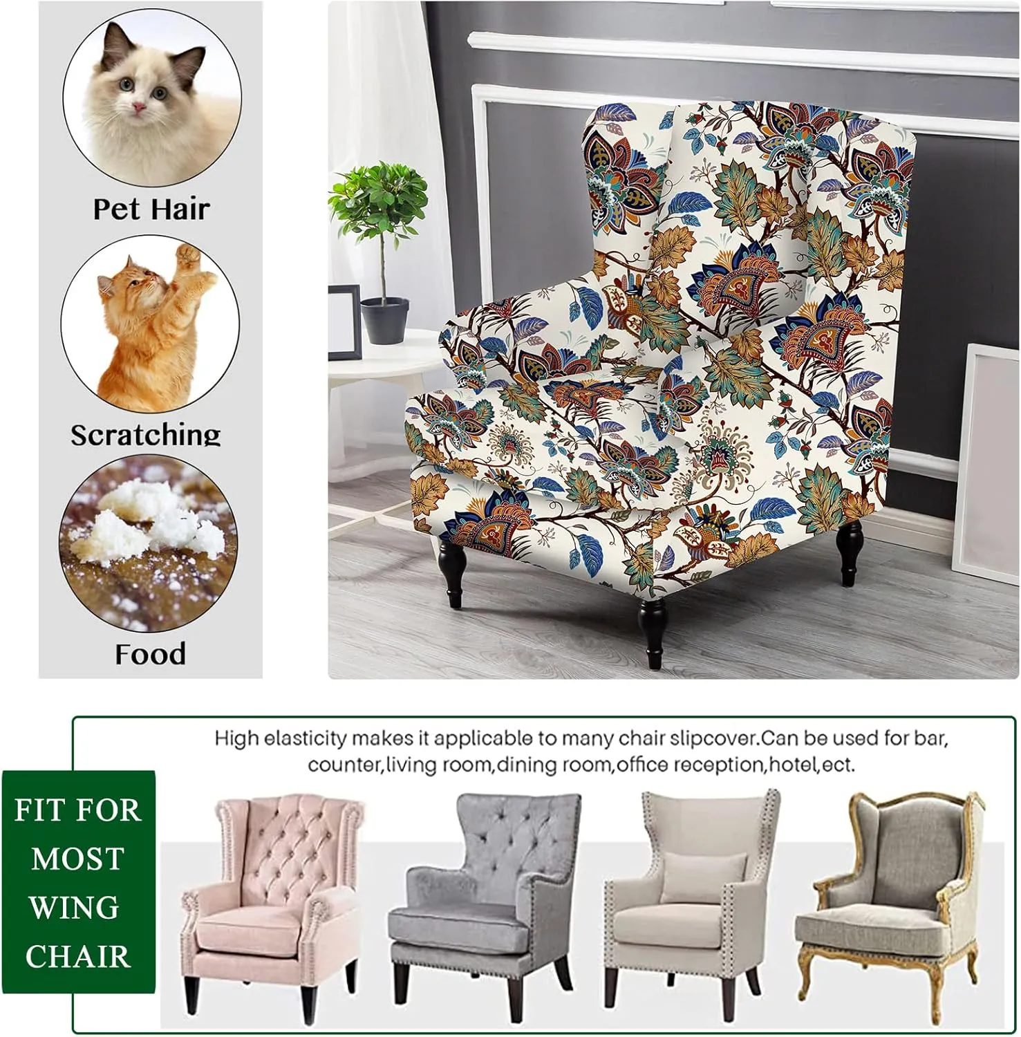 CRFATOP Wingback Chair Cover Slipcovers 2 Piece Stretch Wing Chair Slipcover Spandex Wingback Chair Slipcover Printed Furniture Protector Chair Covers for Living Room Armchair,08