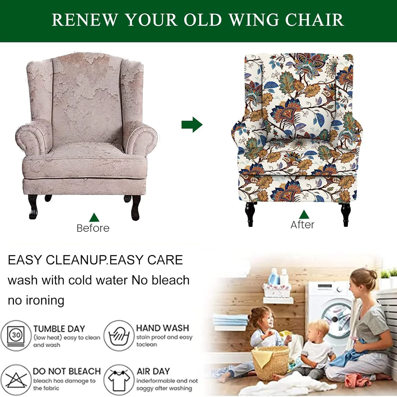 CRFATOP Wingback Chair Cover Slipcovers 2 Piece Stretch Wing Chair Slipcover Spandex Wingback Chair Slipcover Printed Furniture Protector Chair Covers for Living Room Armchair,08