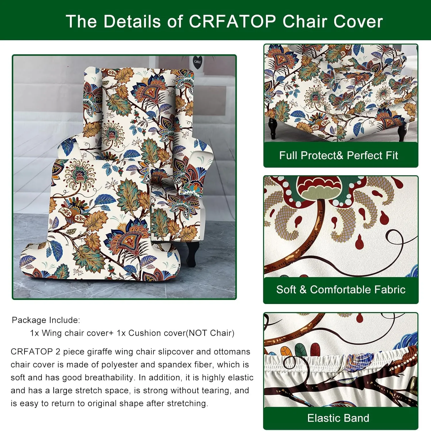 CRFATOP Wingback Chair Cover Slipcovers 2 Piece Stretch Wing Chair Slipcover Spandex Wingback Chair Slipcover Printed Furniture Protector Chair Covers for Living Room Armchair,08