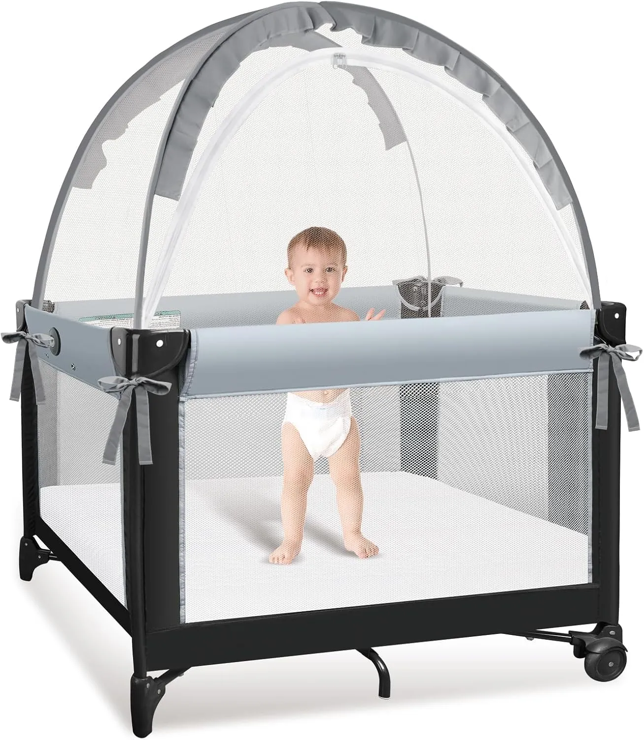 Crib Tent to Keep Baby from Climbing Out - Crib Net to Keep Baby in - Mesh Crib Climbing Prevention, Pop Up Baby Crib Tent, Two-Way Self-Locking Metal Zipper (Grey, Small)