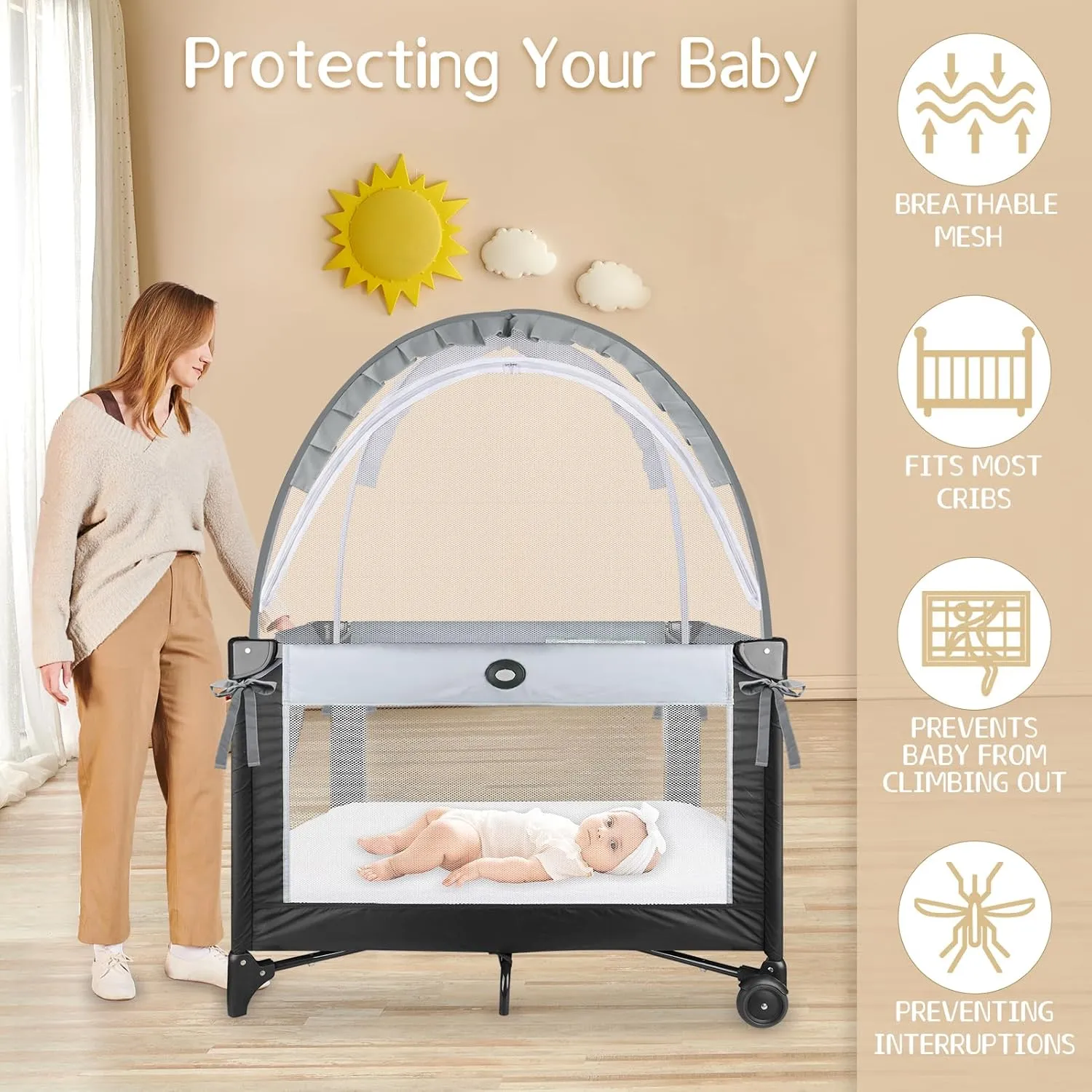 Crib Tent to Keep Baby from Climbing Out - Crib Net to Keep Baby in - Mesh Crib Climbing Prevention, Pop Up Baby Crib Tent, Two-Way Self-Locking Metal Zipper (Grey, Small)