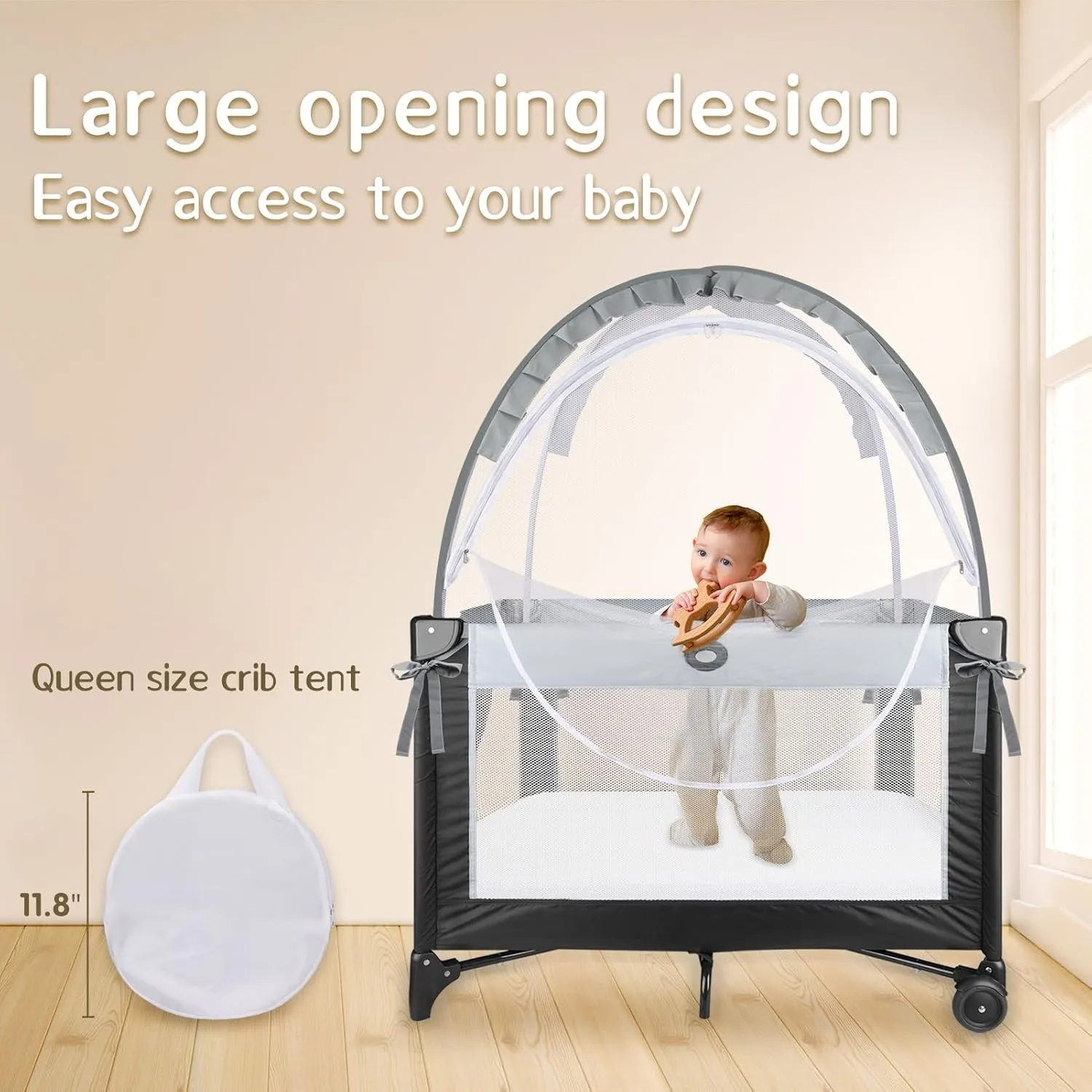 Crib Tent to Keep Baby from Climbing Out - Crib Net to Keep Baby in - Mesh Crib Climbing Prevention, Pop Up Baby Crib Tent, Two-Way Self-Locking Metal Zipper (Grey, Small)