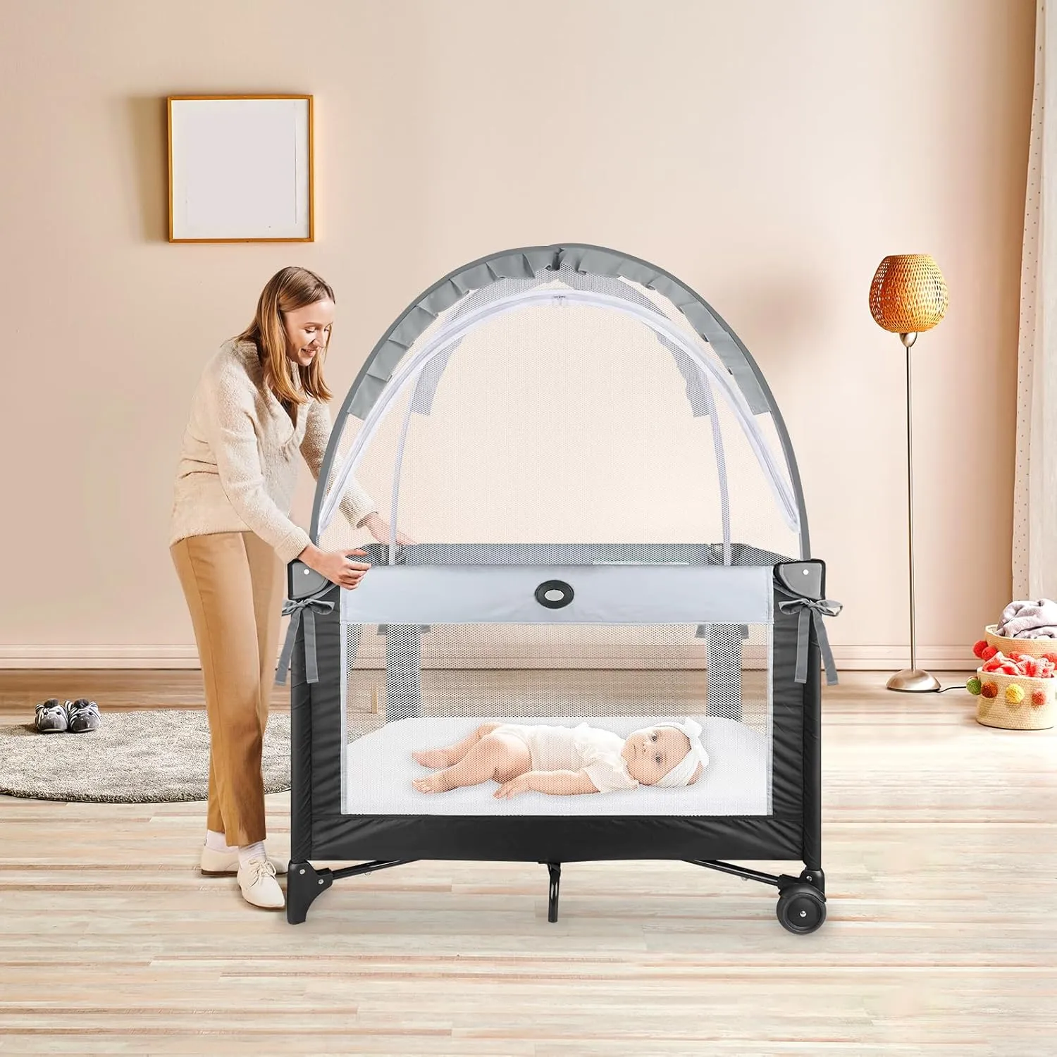 Crib Tent to Keep Baby from Climbing Out - Crib Net to Keep Baby in - Mesh Crib Climbing Prevention, Pop Up Baby Crib Tent, Two-Way Self-Locking Metal Zipper (Grey, Small)
