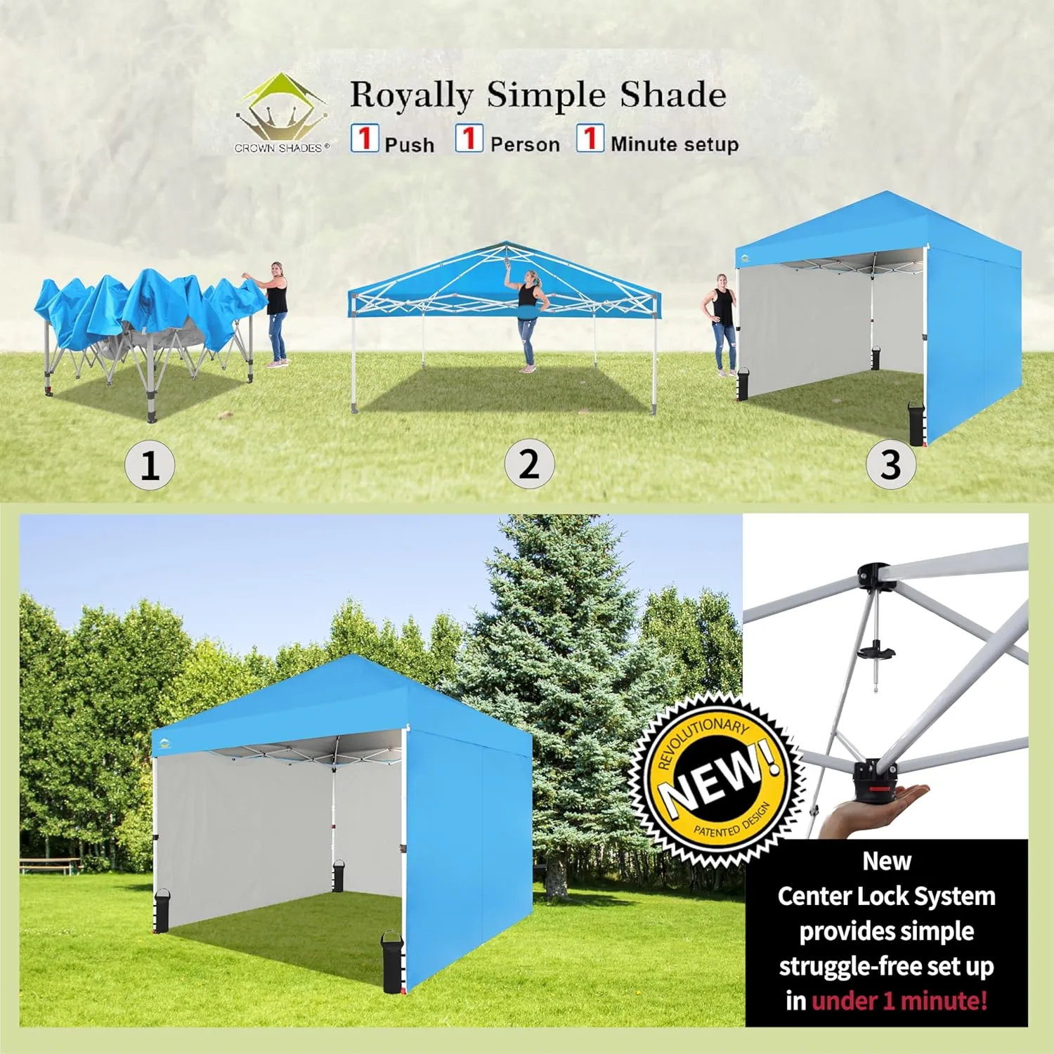 CROWN SHADES 10X10 Comercial Instant Canopy Pop Up Tent with Center Lock (10x10 with 4 Sidewalls, Sky Blue)