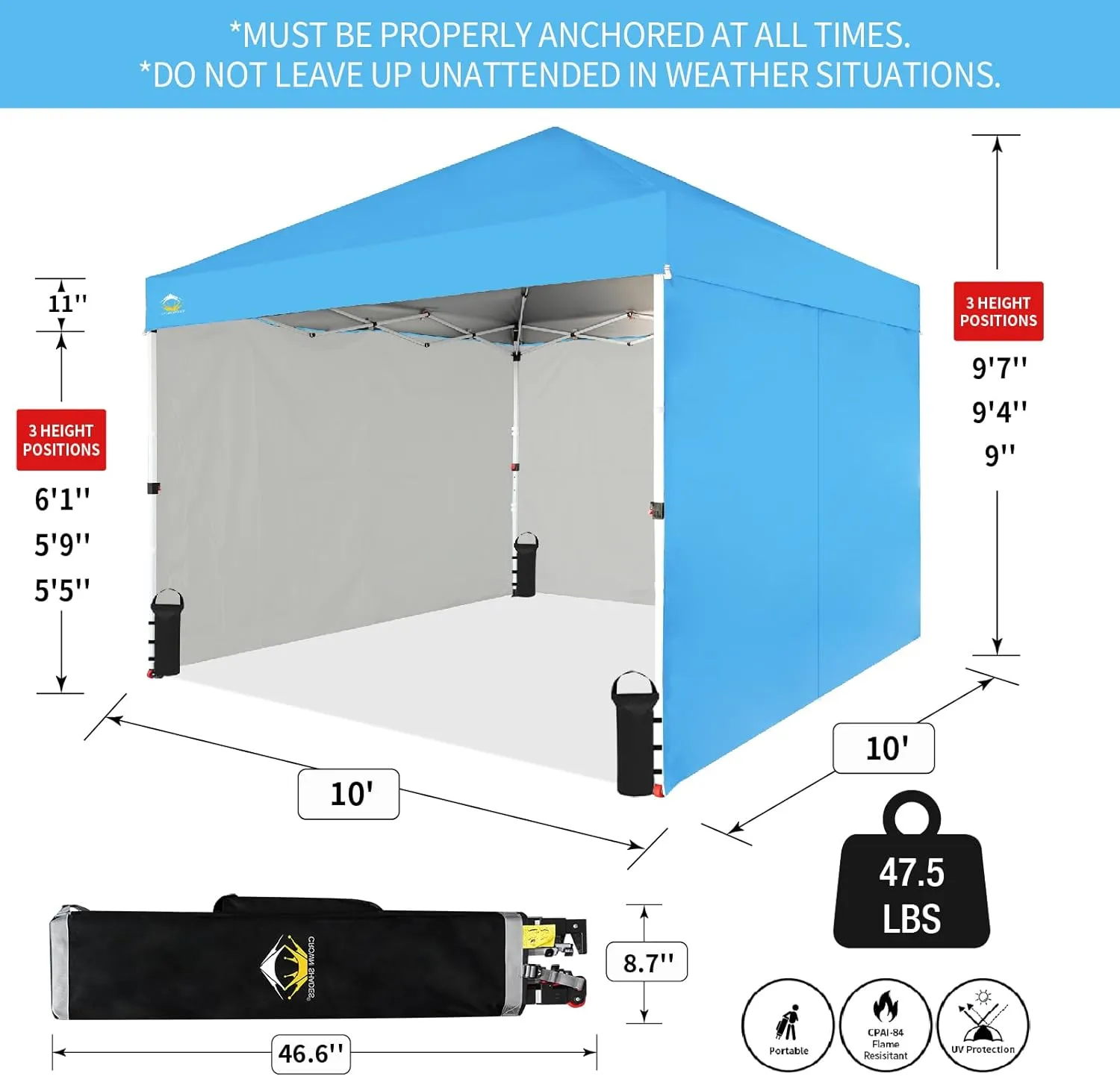 CROWN SHADES 10X10 Comercial Instant Canopy Pop Up Tent with Center Lock (10x10 with 4 Sidewalls, Sky Blue)