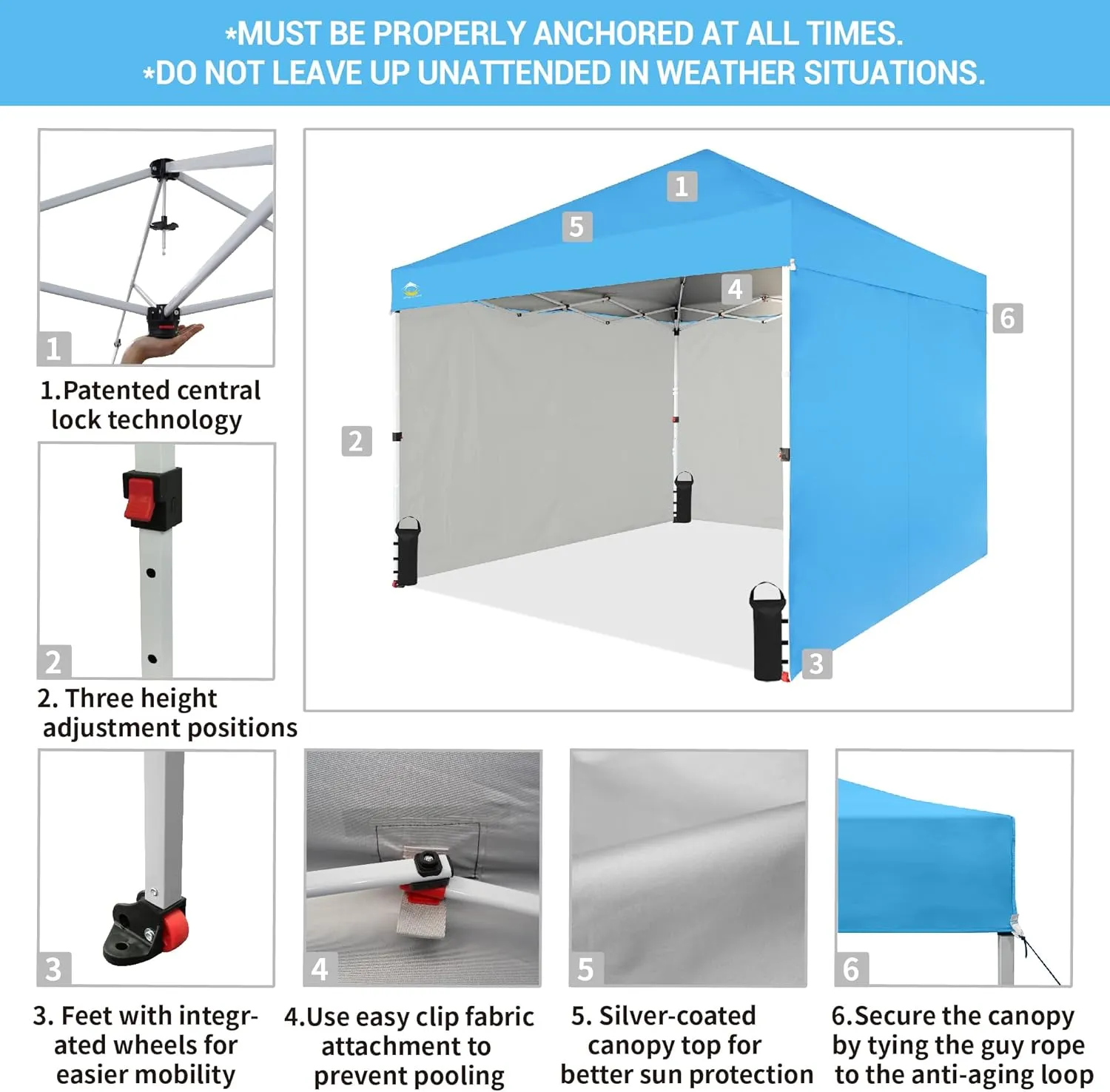 CROWN SHADES 10X10 Comercial Instant Canopy Pop Up Tent with Center Lock (10x10 with 4 Sidewalls, Sky Blue)