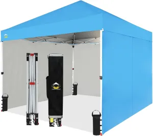 CROWN SHADES 10X10 Comercial Instant Canopy Pop Up Tent with Center Lock (10x10 with 4 Sidewalls, Sky Blue)