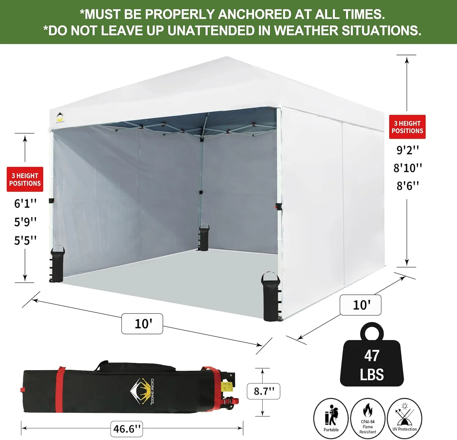 CROWN SHADES 10X10 Comercial Instant Canopy Pop Up Tent with Center Lock (10x10 with 4 Sidewalls, White)