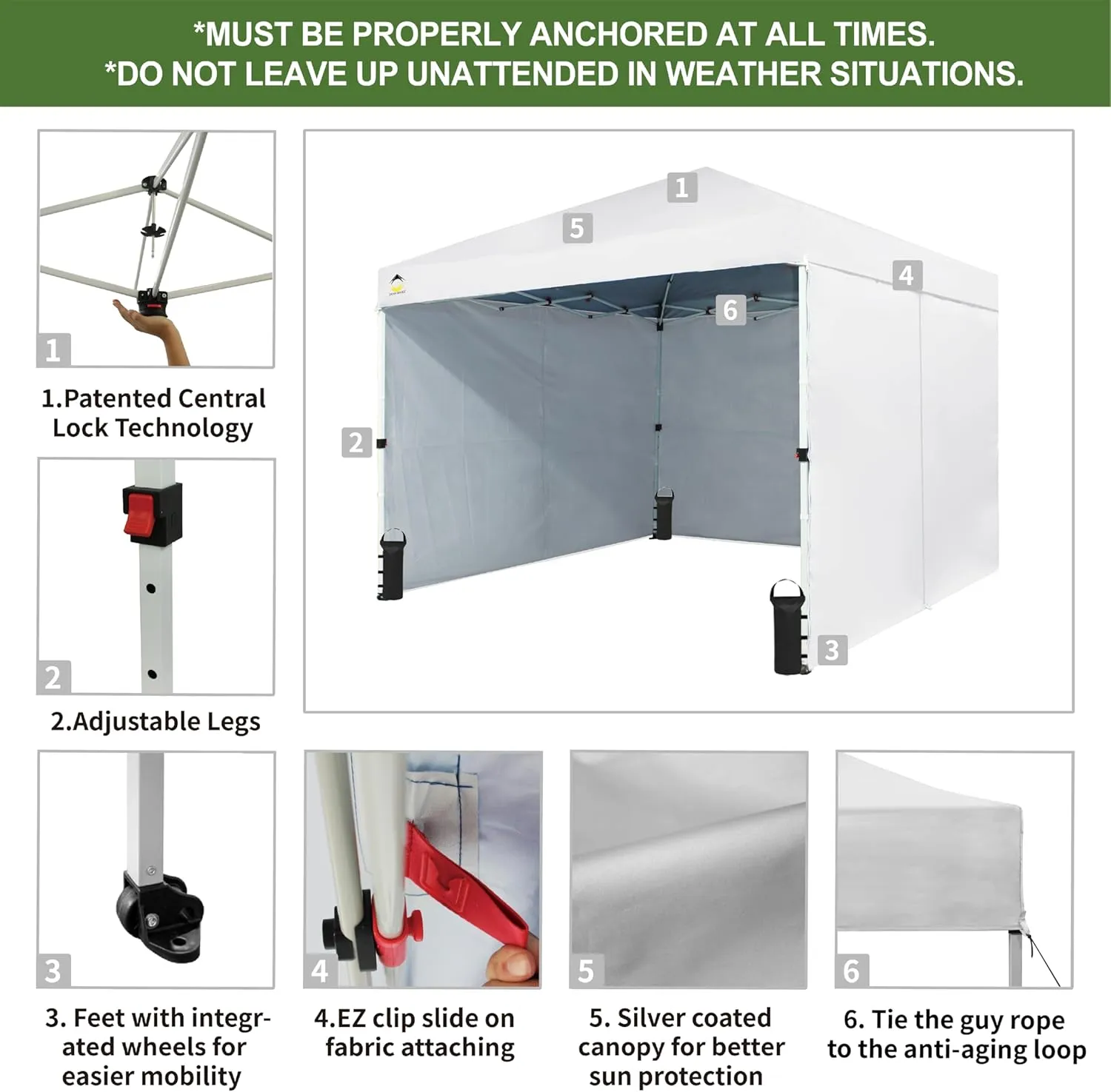 CROWN SHADES 10X10 Comercial Instant Canopy Pop Up Tent with Center Lock (10x10 with 4 Sidewalls, White)