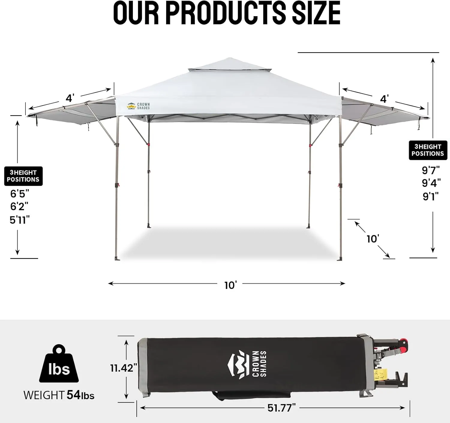 CROWN SHADES 10x10 Pop up Canopy Tent Patended Centerlock Instant Commercial Canopy with 150D Silver Coated Fabric Including 2 Extend Awnings, 4 Ropes, 8 Stakes, 4 Weight Bags, STO 'N Go Bag, White