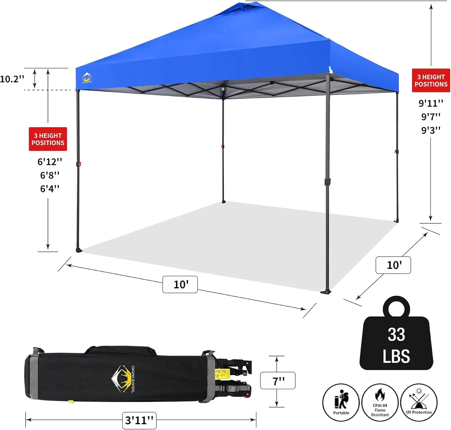 CROWN SHADES 10x10 Pop Up Canopy Tent - Patented Center Lock One Push Instant Outdoor Canopy Beach Tent with STO-N-Go Bag 8 Stakes & 4 Sand Bags，Blue