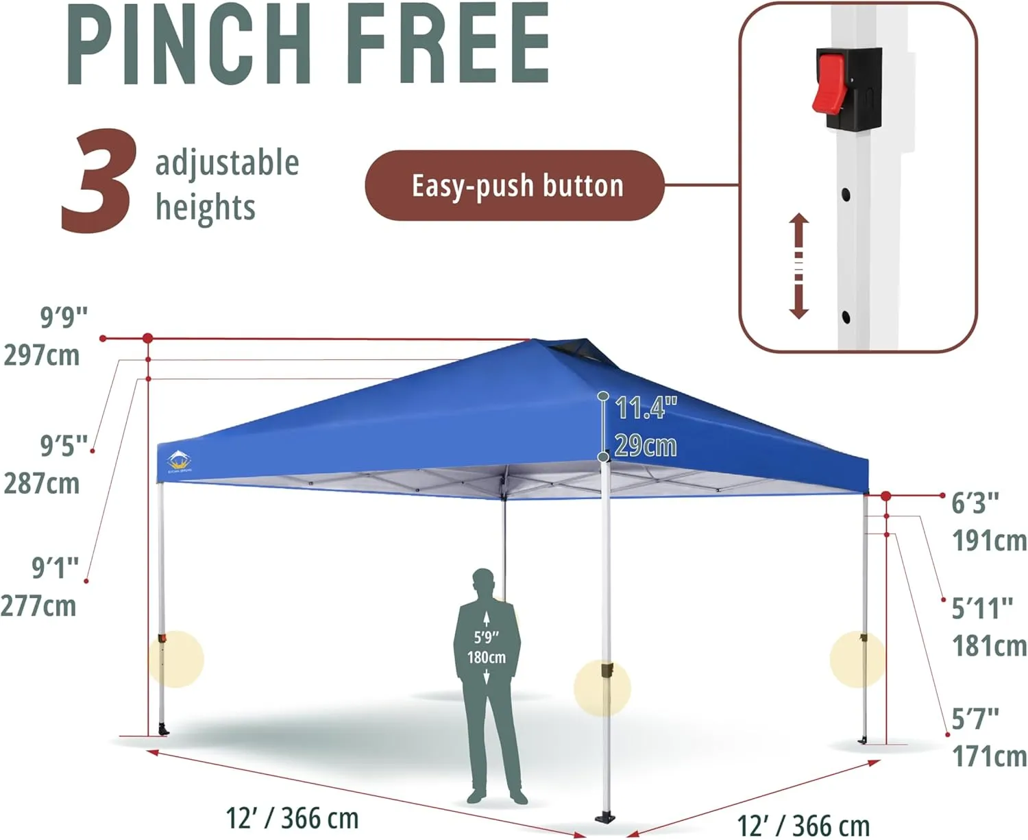 CROWN SHADES 12x12 Pop Up Canopy Outside Canopy, Patented One Push Tent Canopy with Wheeled Carry Bag, Bonus 8 Stakes and 4 Ropes, Blue