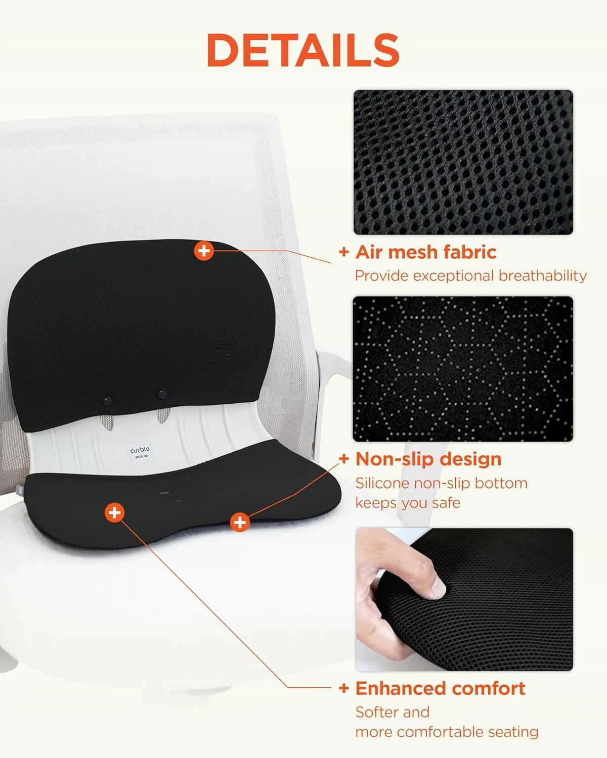 curble WIDER COVER, Detachable Cover for Teenager Chair, Ergonomic Chair Back Support and Lumbar Support (Cover Black)