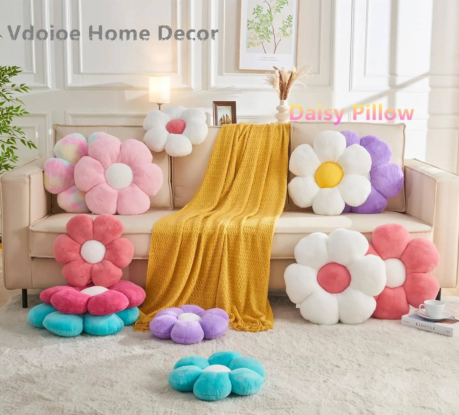 Daisy Pillow, 15.7In Cute Flower Shaped Decorative Plush Pillow for Sofa, Couch, Bed & Reading Tent