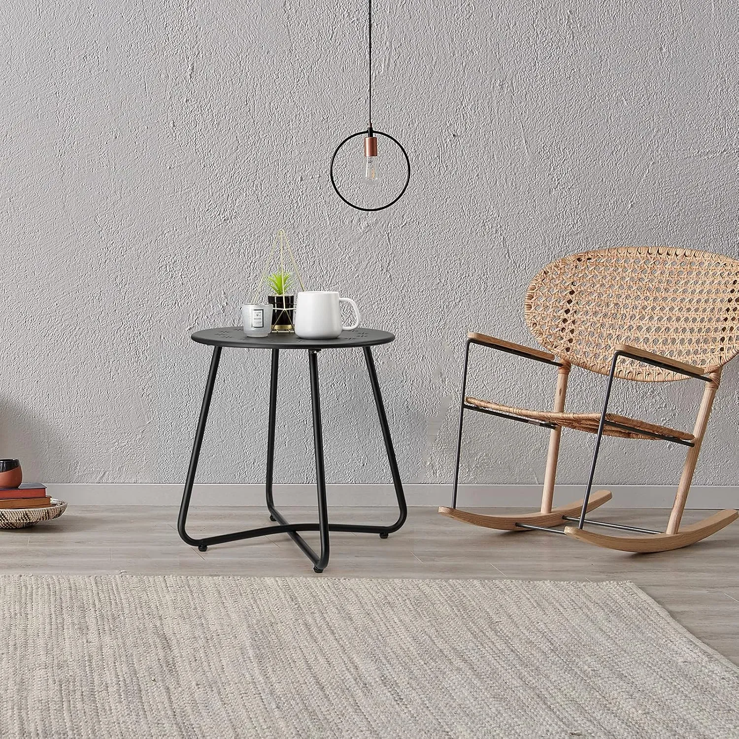 danpinera Outdoor Side Tables with Flower Cut Outs, Weather Resistant Steel Patio Side Table, Small Round Outdoor End Table Metal Side Table for Patio Yard Balcony Garden Black