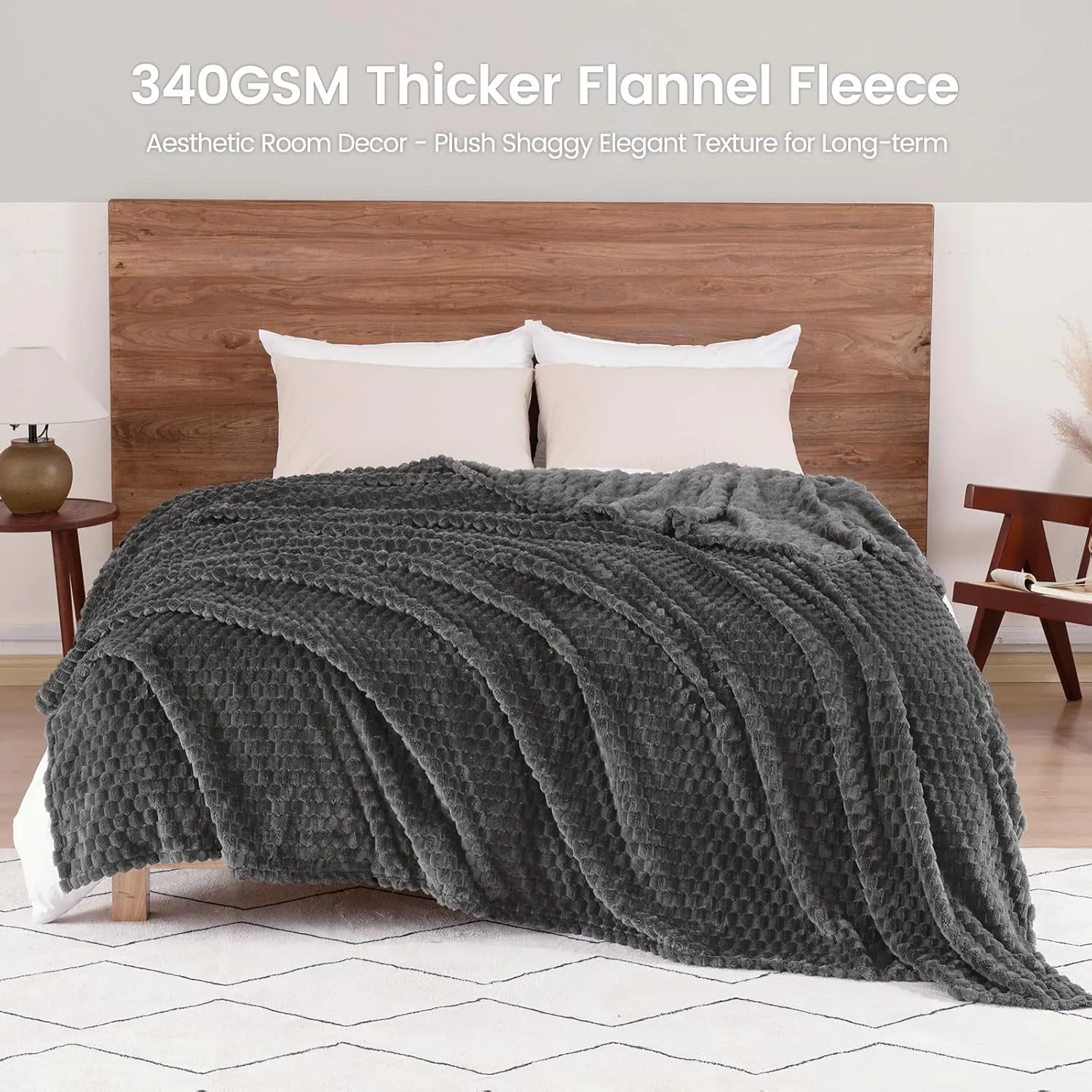 David's Home Ultra Soft Fleece Blanket Queen Size, Warm Lightweight 3D Jacquard Flannel Blanket for Fall Winter, Fluffy Cozy Luxury Plush Suitable for Bed Room Decor,90"x90", Dark Grey