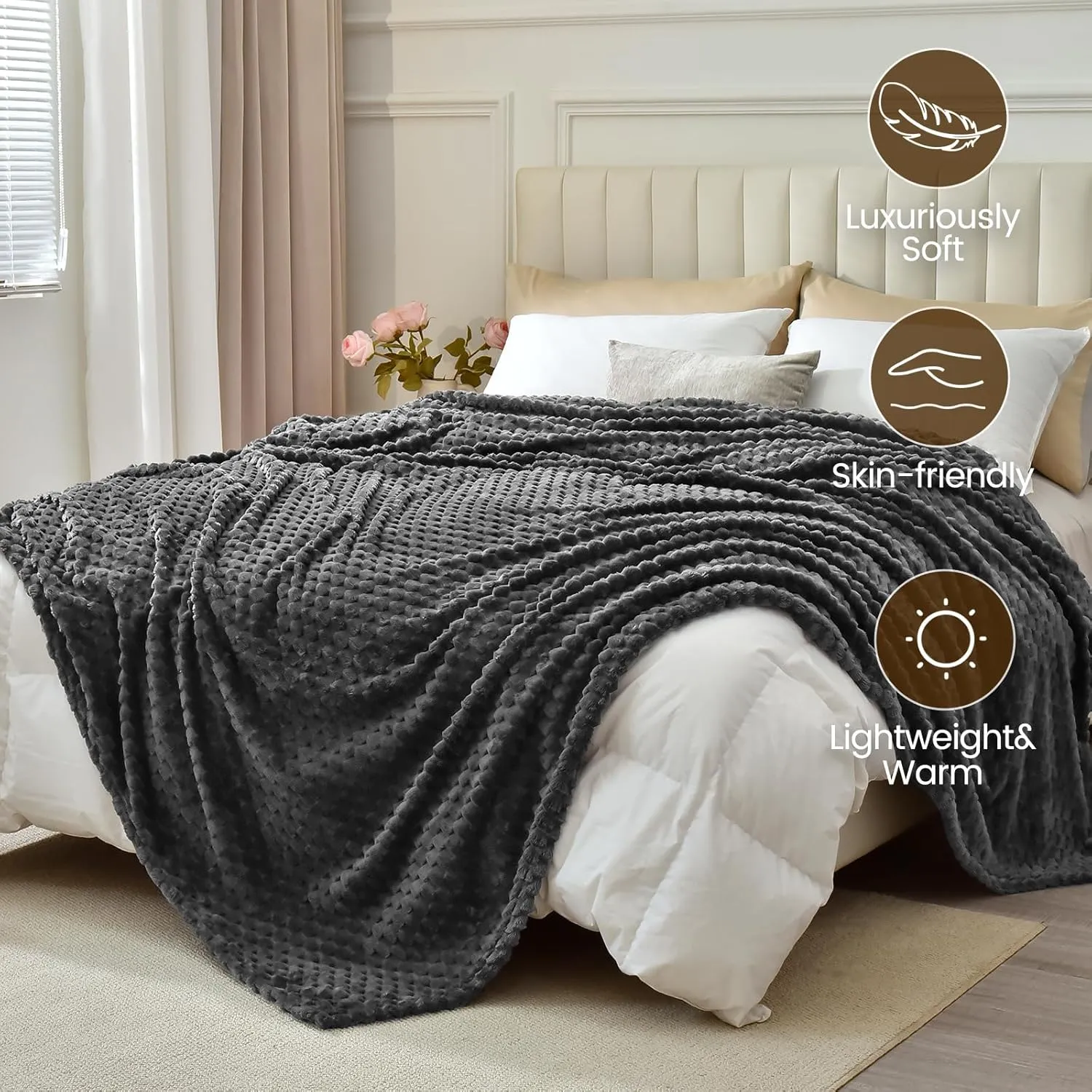 David's Home Ultra Soft Fleece Blanket Queen Size, Warm Lightweight 3D Jacquard Flannel Blanket for Fall Winter, Fluffy Cozy Luxury Plush Suitable for Bed Room Decor,90"x90", Dark Grey