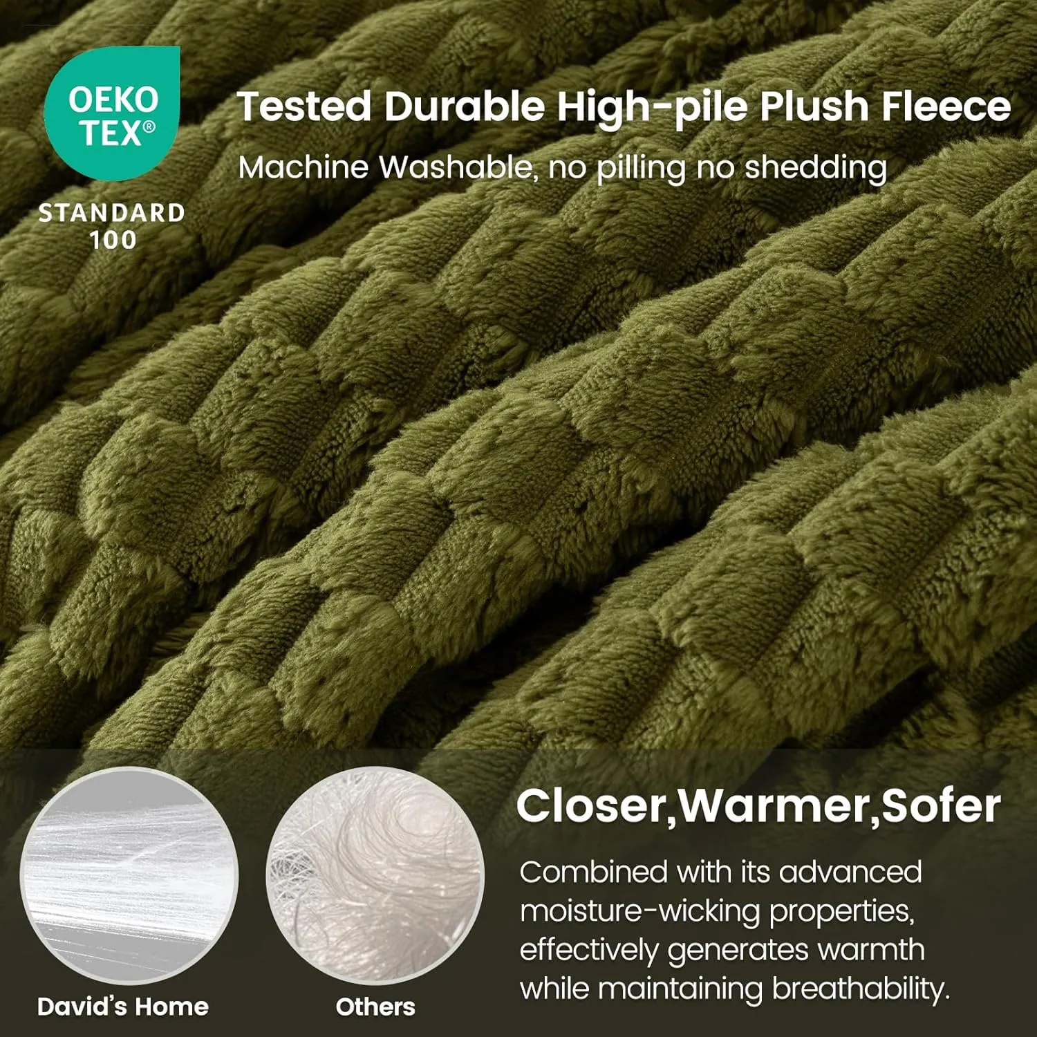 David's Home Ultra Soft Fleece Blanket Twin Size, Warm Lightweight 3D Jacquard Flannel Blanket for Fall Winter, Fluffy Cozy Luxury Plush Suitable for Bed Room Decor,66"x90", Oliva Green