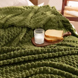 David's Home Ultra Soft Fleece Blanket Twin Size, Warm Lightweight 3D Jacquard Flannel Blanket for Fall Winter, Fluffy Cozy Luxury Plush Suitable for Bed Room Decor,66"x90", Oliva Green