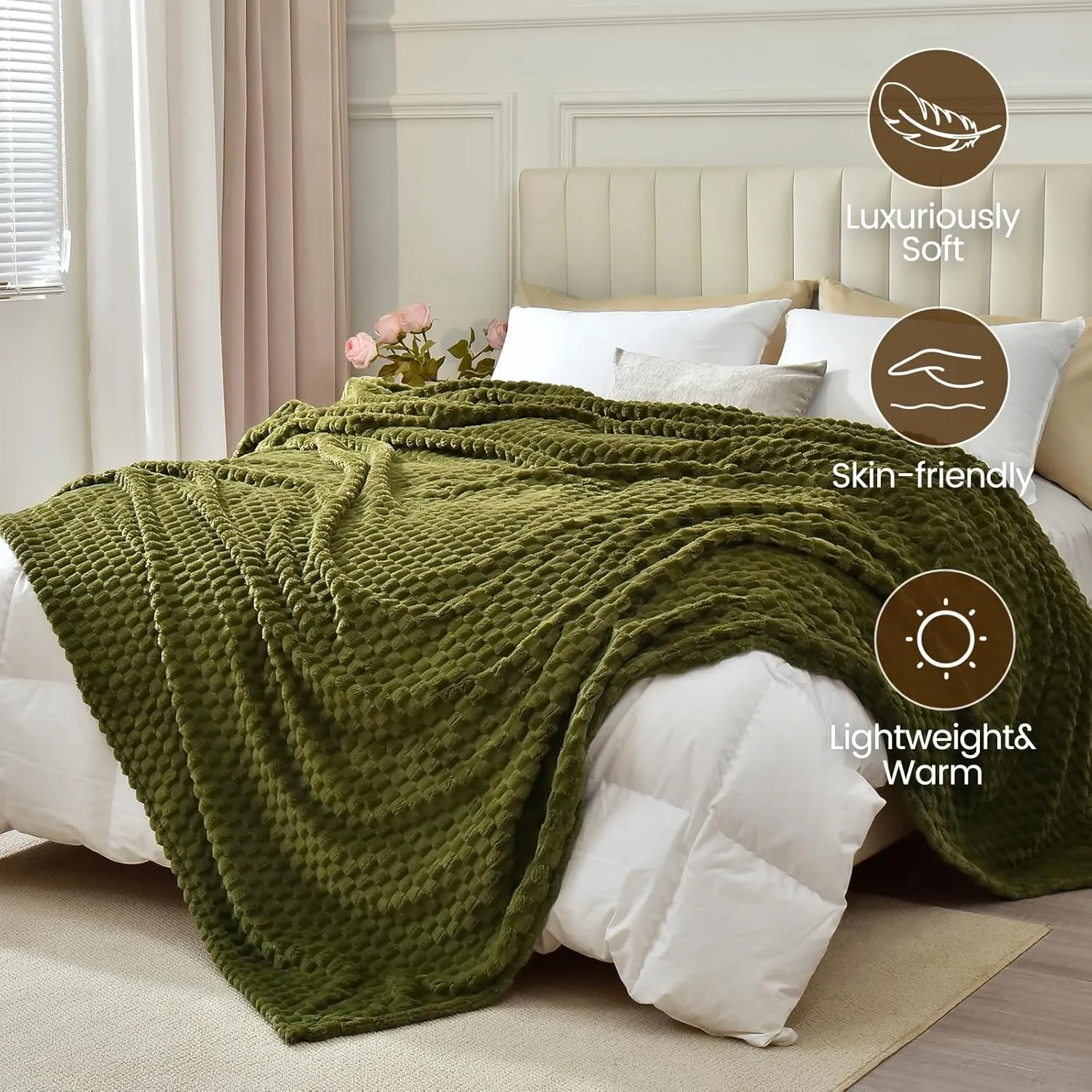 David's Home Ultra Soft Fleece Blanket Twin Size, Warm Lightweight 3D Jacquard Flannel Blanket for Fall Winter, Fluffy Cozy Luxury Plush Suitable for Bed Room Decor,66"x90", Oliva Green