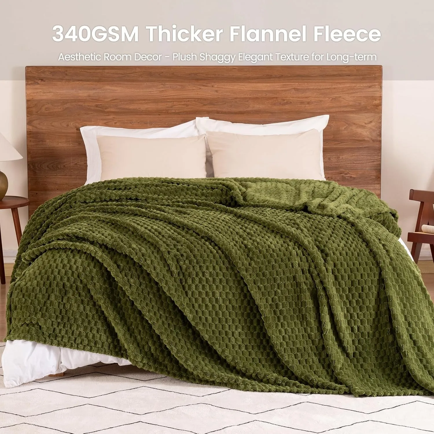 David's Home Ultra Soft Fleece Blanket Twin Size, Warm Lightweight 3D Jacquard Flannel Blanket for Fall Winter, Fluffy Cozy Luxury Plush Suitable for Bed Room Decor,66"x90", Oliva Green