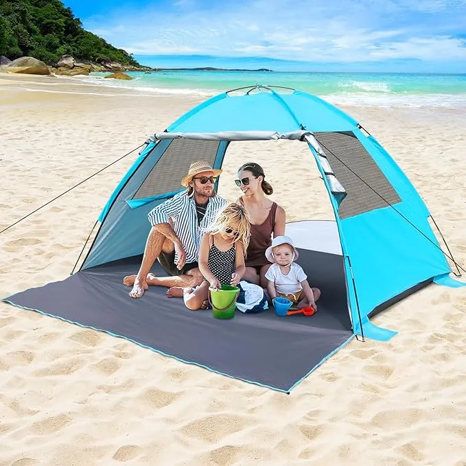 DLUCKY Beach Tent for 1/2/3/4/5/6 Person,Anti-UV Portable Sun Shade ShelterUPF 50 ,Both Sides Extendable Floor,Extendable Awning,with 2 Ventilating Mesh Windows,Lightweight & Easy Setup.
