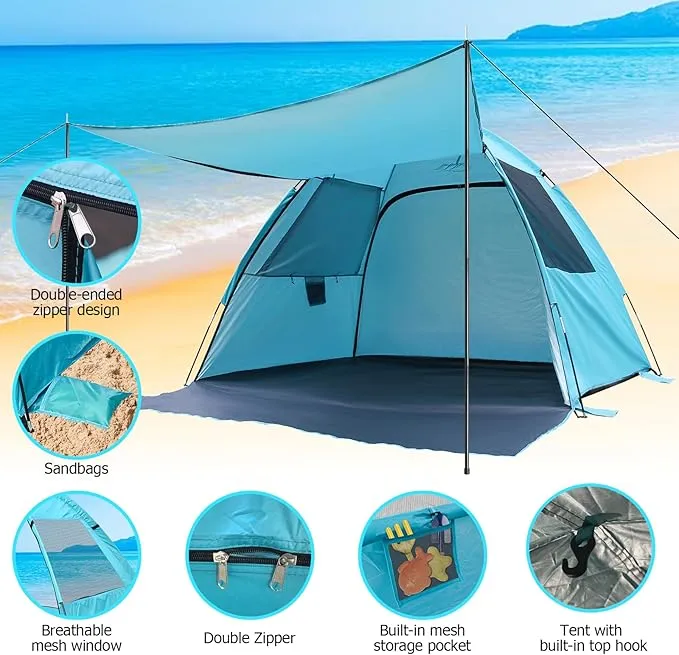 DLUCKY Beach Tent for 1/2/3/4/5/6 Person,Anti-UV Portable Sun Shade ShelterUPF 50 ,Both Sides Extendable Floor,Extendable Awning,with 2 Ventilating Mesh Windows,Lightweight & Easy Setup.