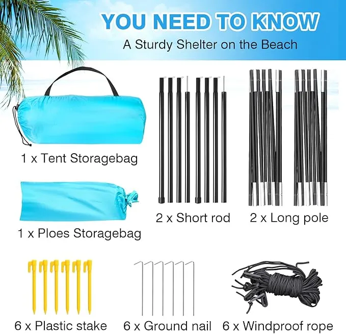 DLUCKY Beach Tent for 1/2/3/4/5/6 Person,Anti-UV Portable Sun Shade ShelterUPF 50 ,Both Sides Extendable Floor,Extendable Awning,with 2 Ventilating Mesh Windows,Lightweight & Easy Setup.