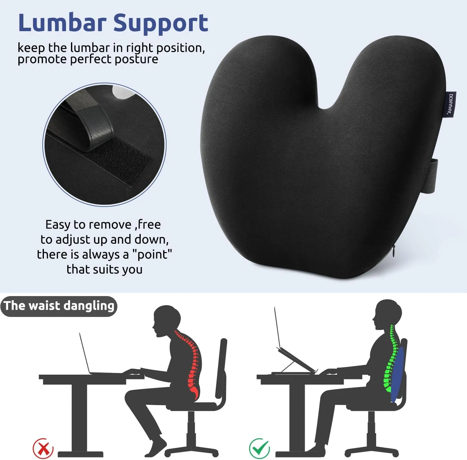 DONAMA Ergonomic Lumbar Pillow for Back Support - High-Density Memory Foam Cushion for Pain Relief - Lumbar Support Cushion w/Strap for Office Chair, Car, Home, and Travel
