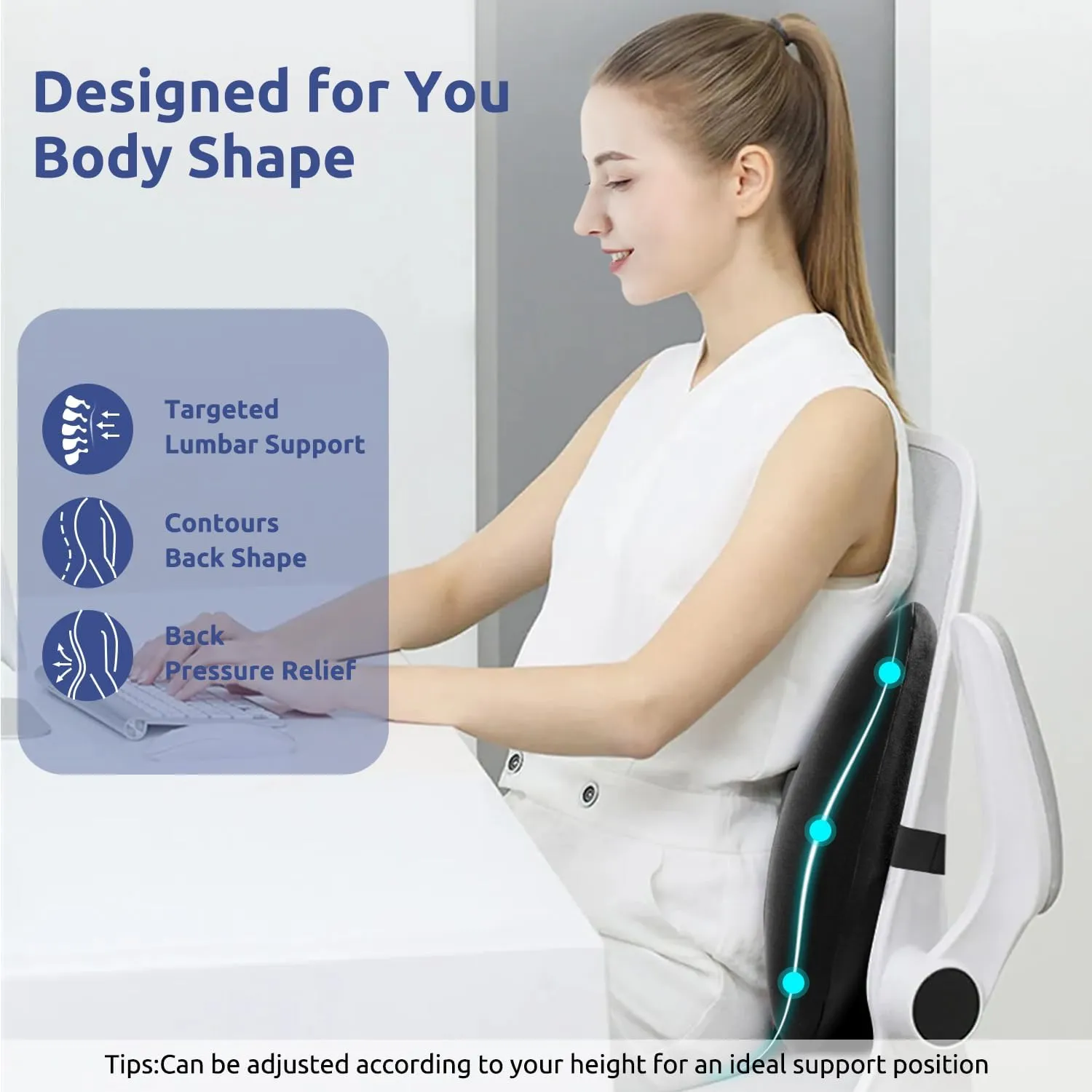 DONAMA Ergonomic Lumbar Pillow for Back Support - High-Density Memory Foam Cushion for Pain Relief - Lumbar Support Cushion w/Strap for Office Chair, Car, Home, and Travel