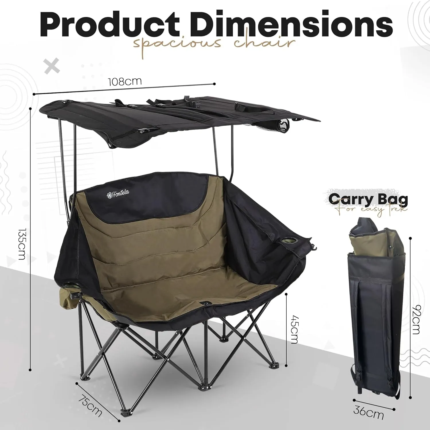 Double Camping Chair with Canopy, Folding Two-Person Seat, Portable Outdoor Loveseat with Shade, Folding Chair for Beach, Lawn, and Outdoor Activities