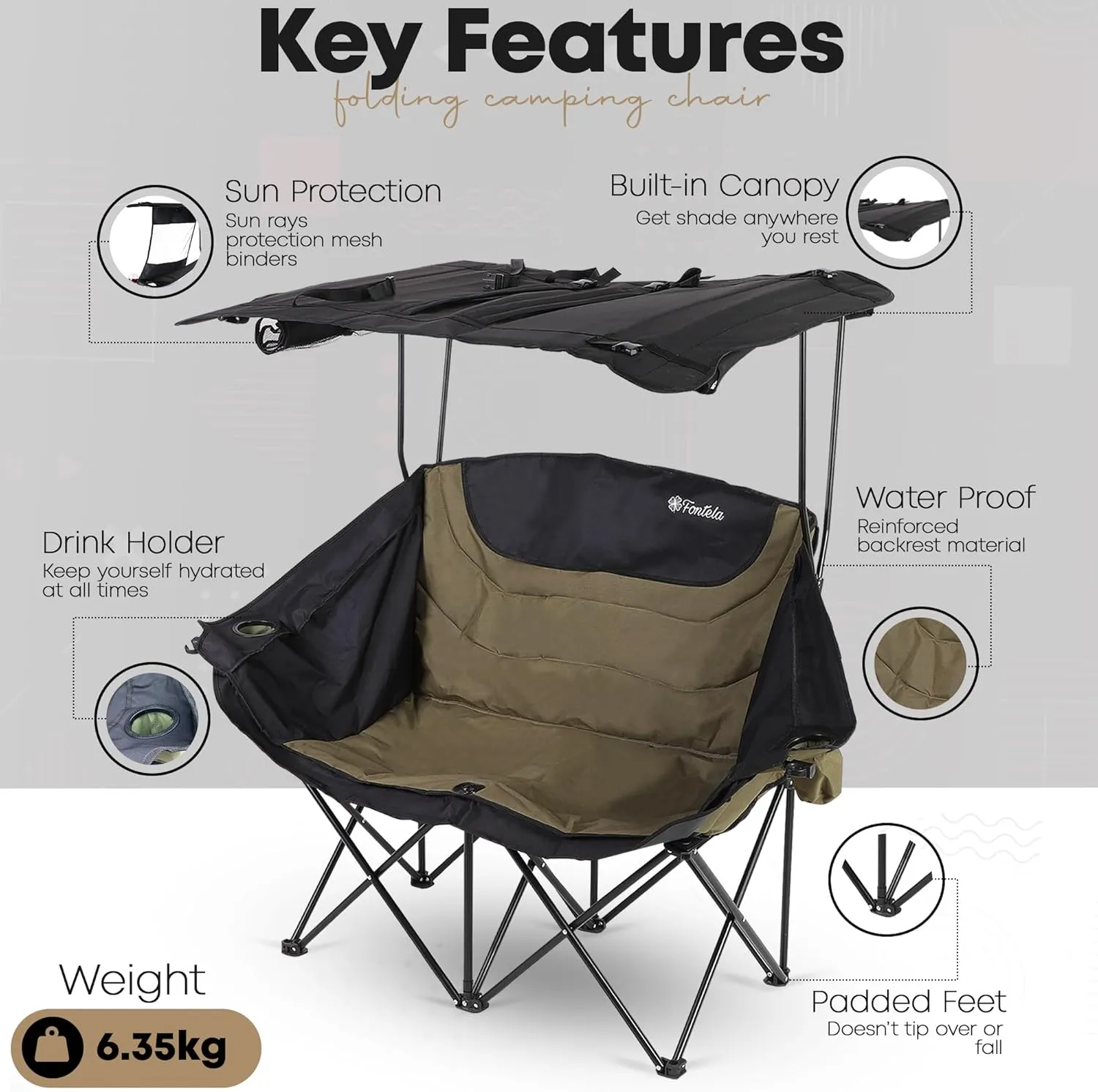 Double Camping Chair with Canopy, Folding Two-Person Seat, Portable Outdoor Loveseat with Shade, Folding Chair for Beach, Lawn, and Outdoor Activities