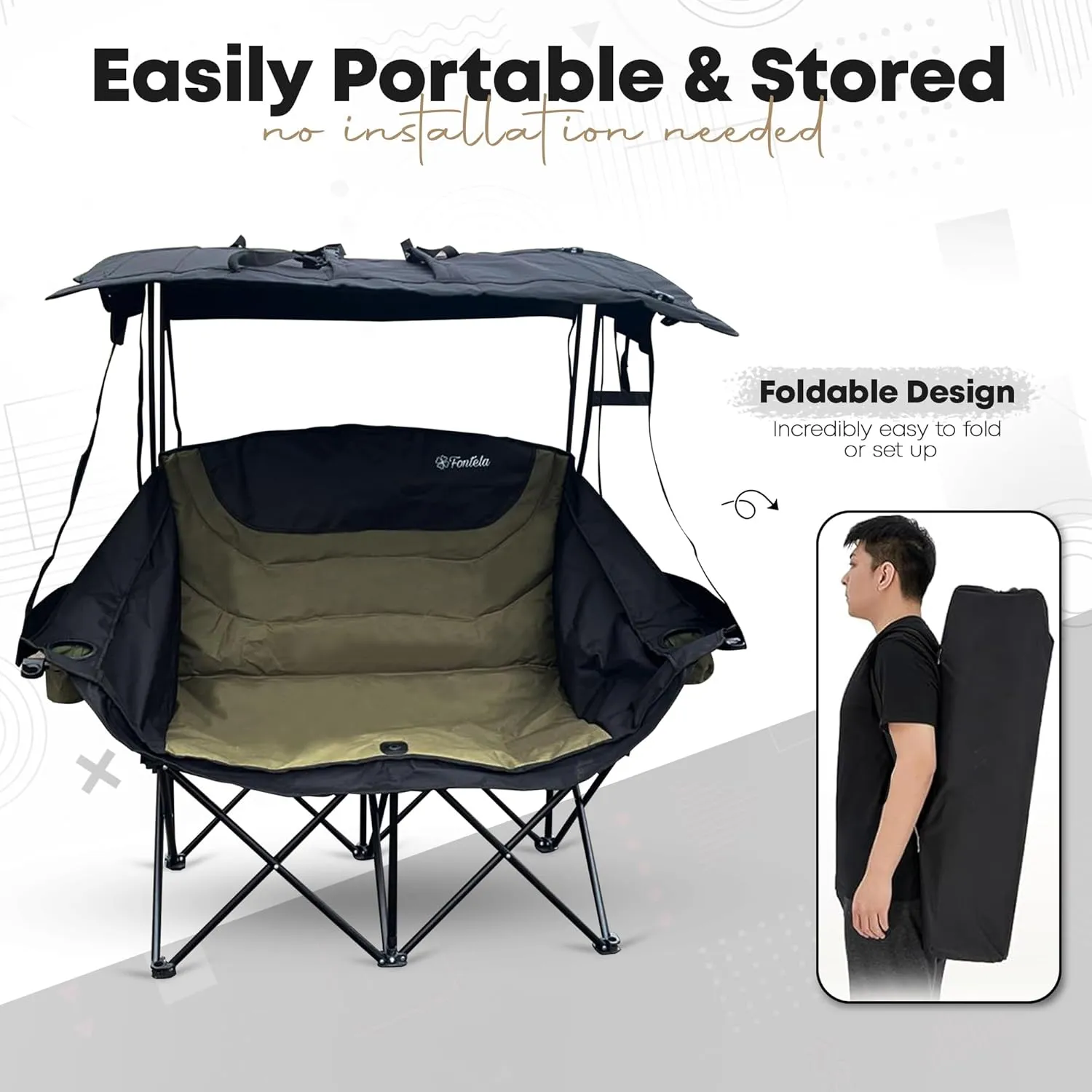 Double Camping Chair with Canopy, Folding Two-Person Seat, Portable Outdoor Loveseat with Shade, Folding Chair for Beach, Lawn, and Outdoor Activities