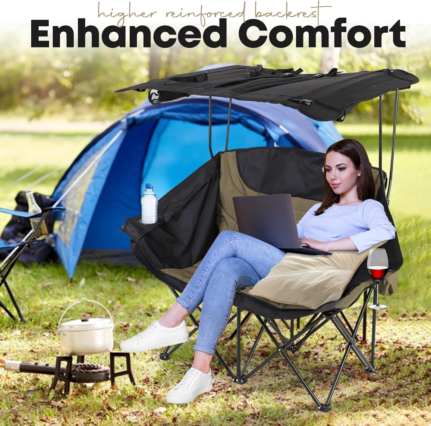 Double Camping Chair with Canopy, Folding Two-Person Seat, Portable Outdoor Loveseat with Shade, Folding Chair for Beach, Lawn, and Outdoor Activities