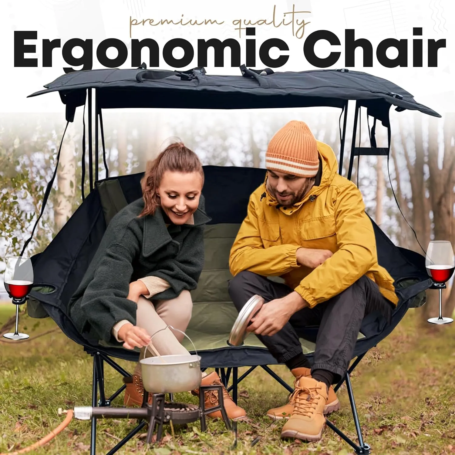Double Camping Chair with Canopy, Folding Two-Person Seat, Portable Outdoor Loveseat with Shade, Folding Chair for Beach, Lawn, and Outdoor Activities