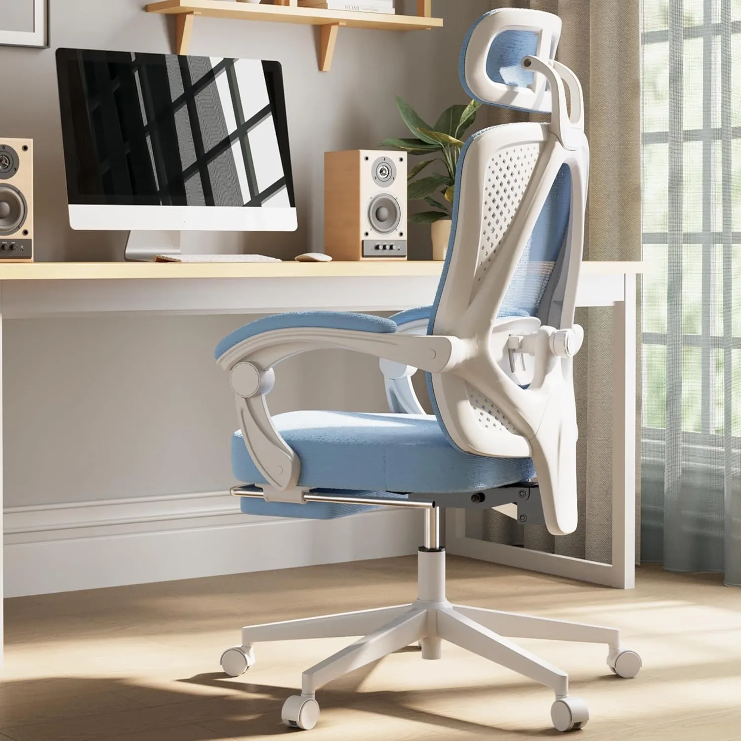 Dowinx Ergonomic Office Chair,Breathable Mesh Computer Chair with Pocket Spring Cushion,Comfy Desk Chair with Adjustable Lumbar Support and Headrest,Steel Base Swivel Task Chair with Footrest Blue